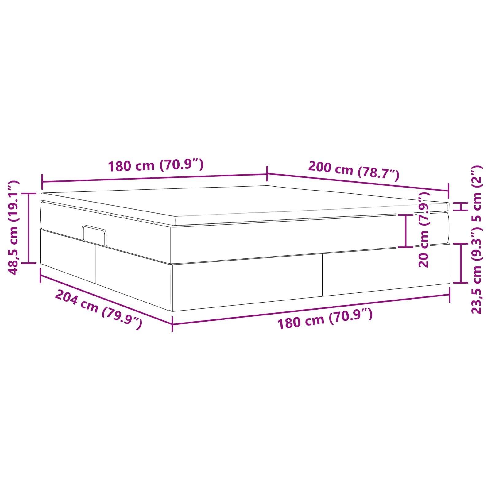 Abmessungen eines rechteckigen Stauraumbetts mit beschrifteten Maßen: 204 cm (Länge), 180 cm (Breite), 48,5 cm (Höhe), einschließlich 20 cm Beine und 23,5 cm Staurauszugshöhe.