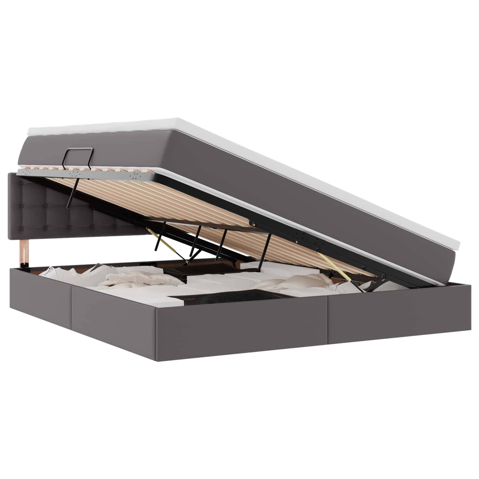 Bett mit erhöhter Matratze, die geräumige Stauraumbereiche unter dem Bett freigibt, mit einer eleganten gepolsterten Ausführung in Grau.