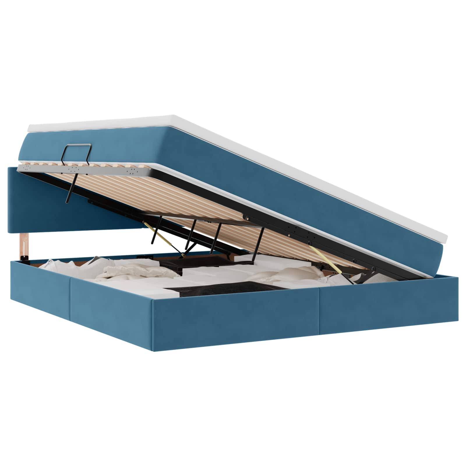Blaues Stauraumbett mit erhöhter Matratze, die reichlich Lagerraum darunter präsentiert; modernes Design mit klaren Linien.