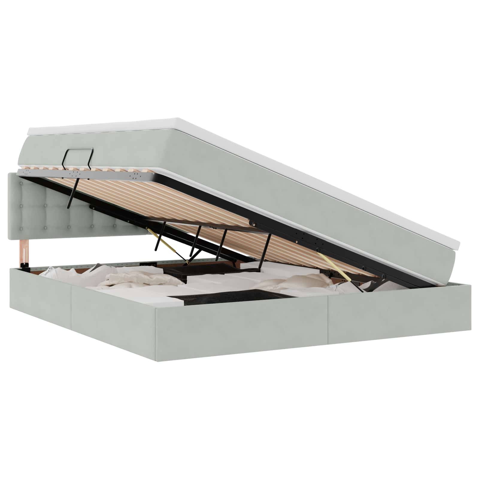 Stauraumbett mit einer offenen Oberseite, die ein geräumiges Fach darunter zum Verstauen freigibt. Das Bett ist mit einem hellen Stoff bezogen.