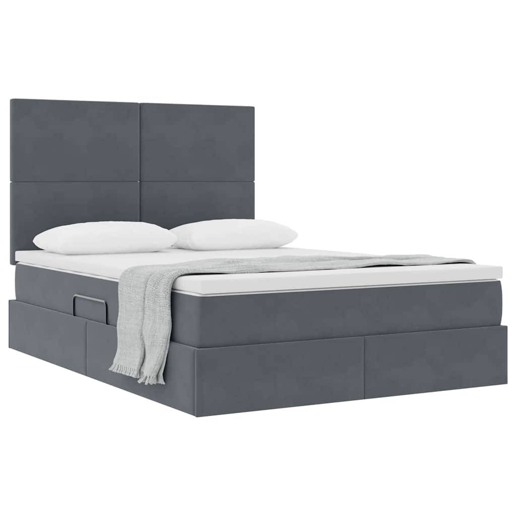 Ein modernes graues Bett mit hohem Kopfteil und Stauraum-Schubladen darunter, ausgestattet mit einer weißen Matratze, zwei weißen Kissen und einer grauen Decke.