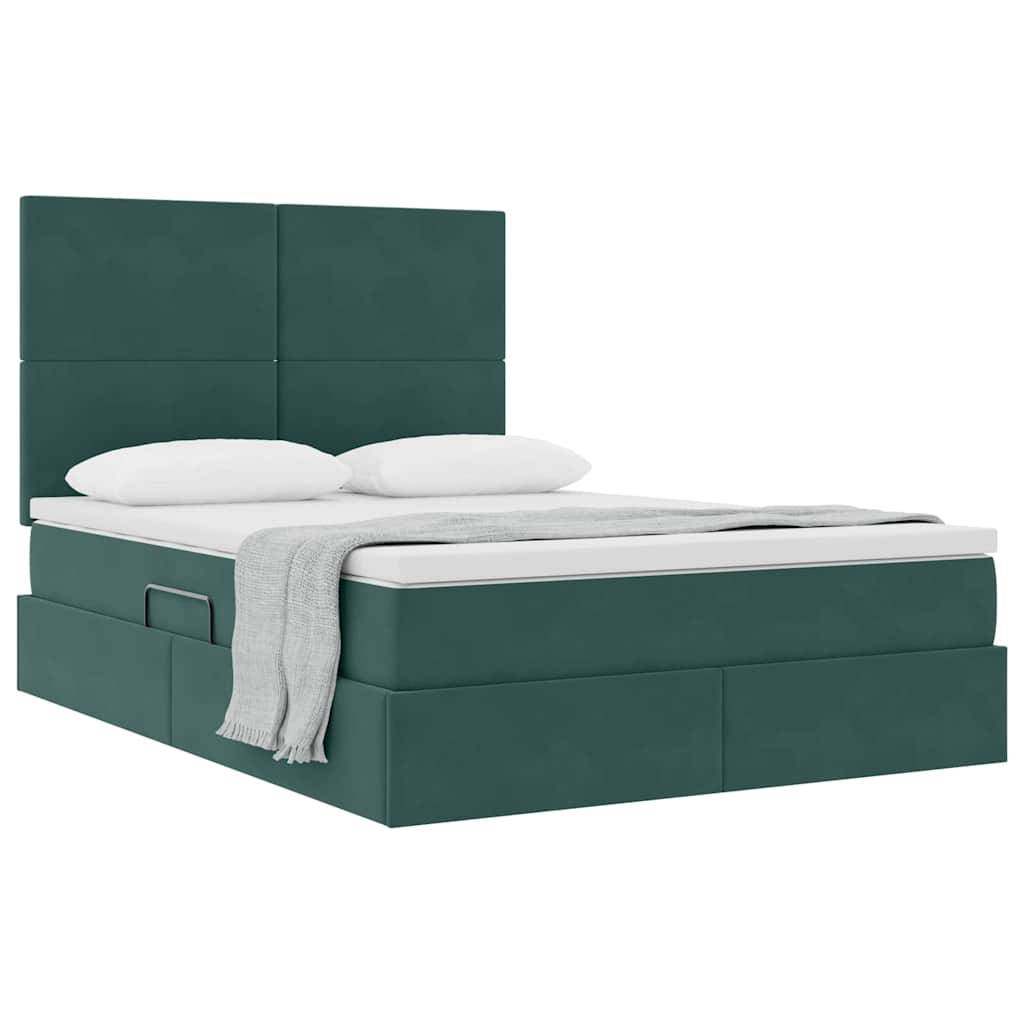 Ein modernes Teal-Bett mit hohem Kopfteil, weißen Kissen und einer hellgrauen Decke, die ordentlich am Fußende gefaltet ist.
