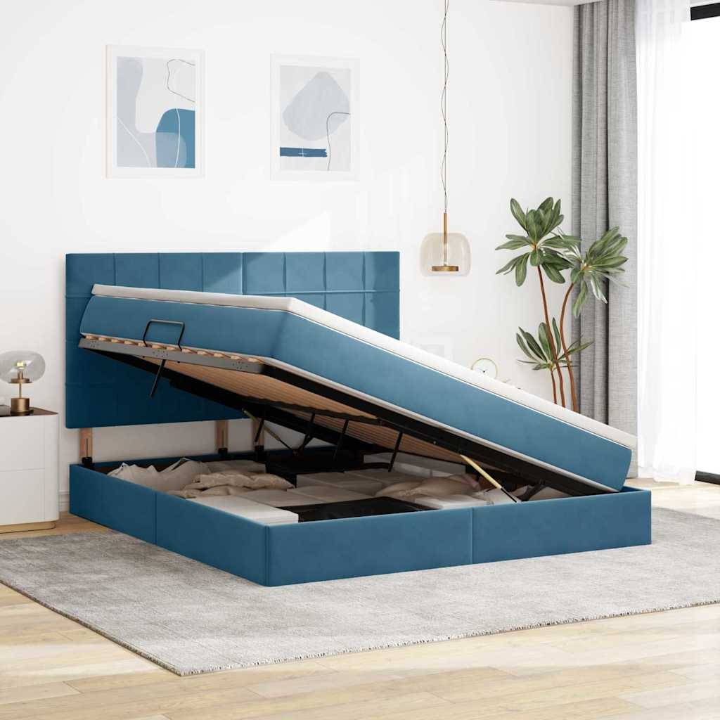 Ein modernes Schlafzimmer mit einem türkisfarbenen Bett mit Hubmechanismus, das Stauraum darunter freigibt, platziert auf einem hellgrauen Teppich, mit minimalistischer Dekoration und Pflanzen.