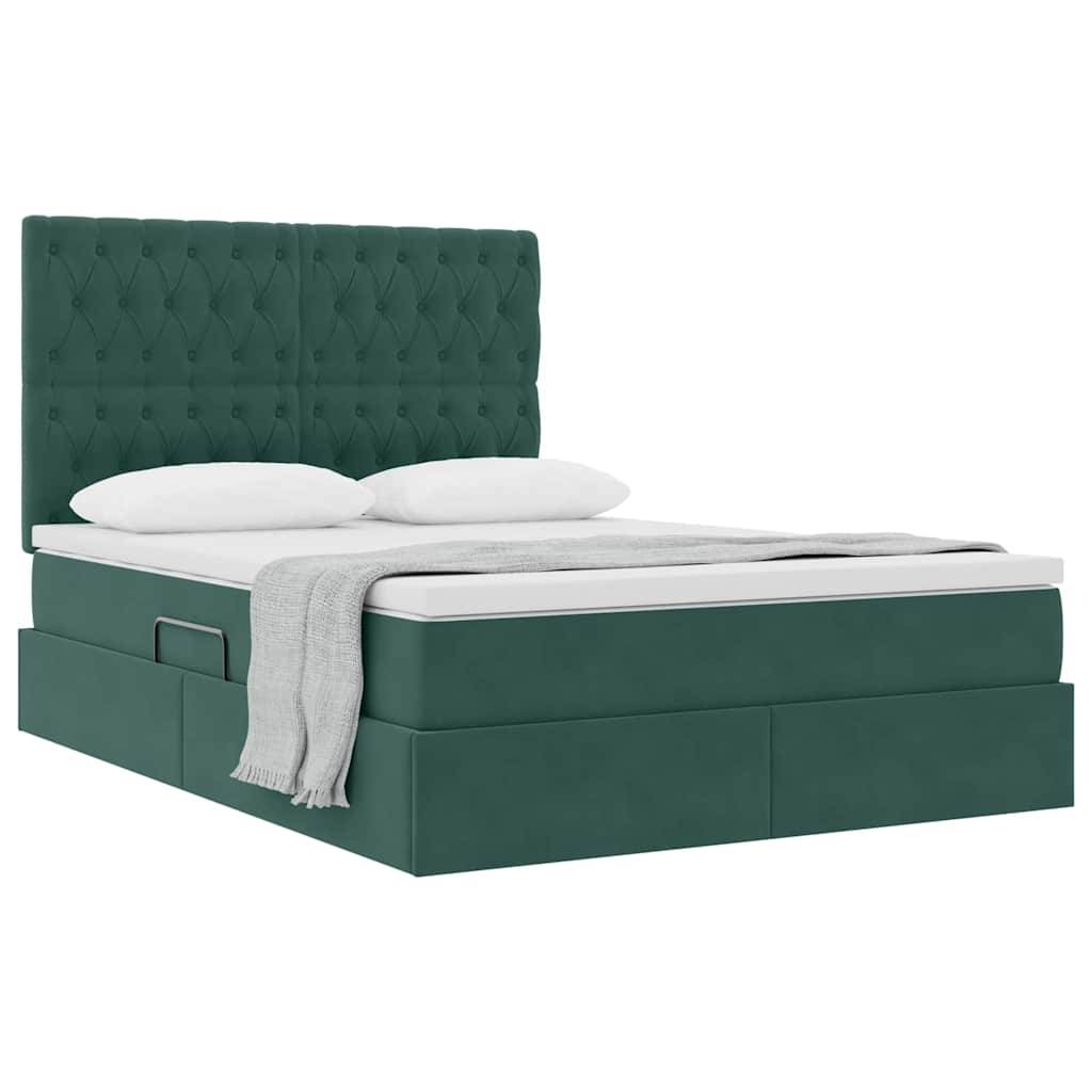 Ein grün gepolstertes Bett mit einer geknöpften Kopfseite, zwei weißen Kissen und einer hellgrauen Decke. Das Bett verfügt über integrierte Schubladen zur Aufbewahrung.