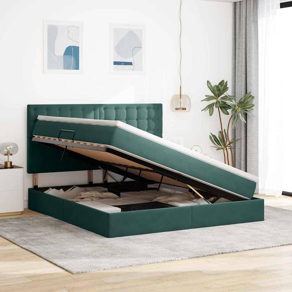 vidaXL LED-Speicherbett mit Matratze Dunkelgrün 160 x 200 cm Samt
