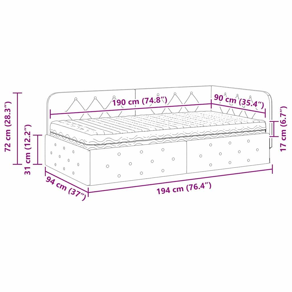Eine Tagesbettzeichnung mit einer Matratze von 190 cm x 90 cm und einer Gesamtbettgröße von 194 cm x 94 cm. Die Höhendimensionen umfassen 72 cm, 31 cm und 17 cm.