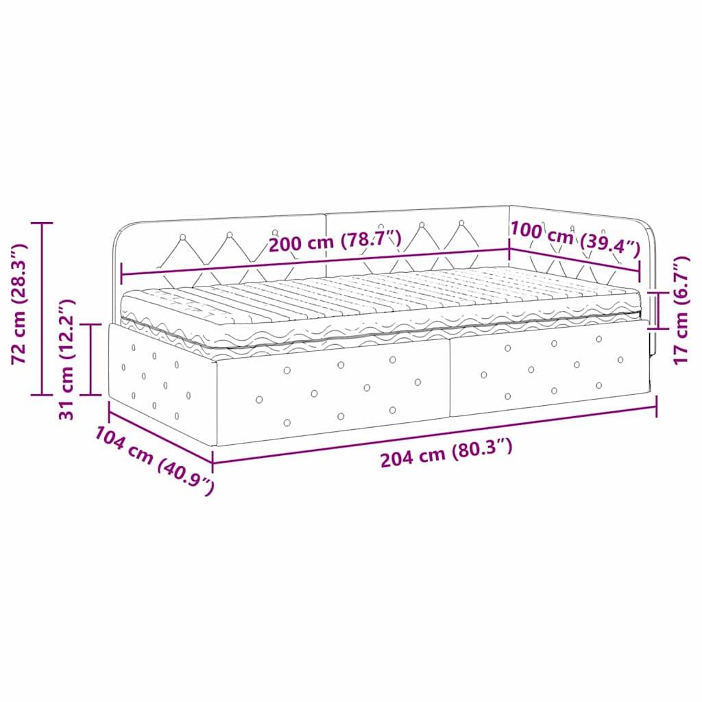 Tagesbett-Illustration mit Maßen: 204 cm lang, 104 cm tief, 72 cm hoch; Unterbettstauraum-Höhe beträgt 31 cm; Matratze misst 200 cm x 100 cm.