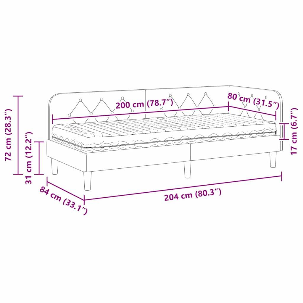 Eine Linienzeichnung eines Bettes mit beschrifteten Abmessungen: 204 cm lang, 84 cm breit, 72 cm hoch. Die Mattressenfläche misst 200 cm x 80 cm.