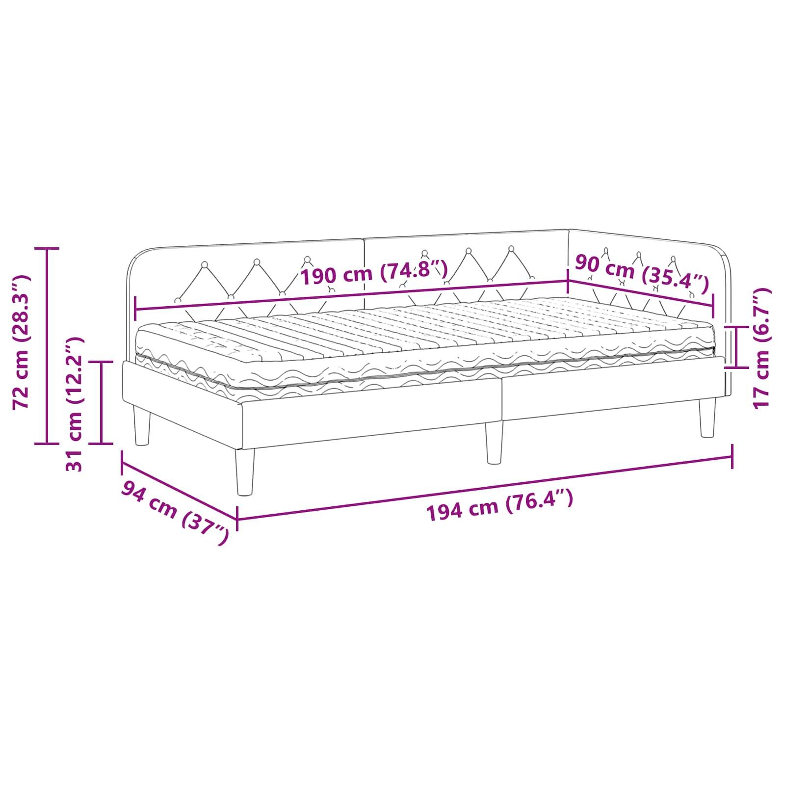Tagesbett Abmessungen: Höhe 72 cm, Breite 94 cm, Länge 194 cm. Matratzengröße: Breite 90 cm, Länge 190 cm, Höhe 17 cm.