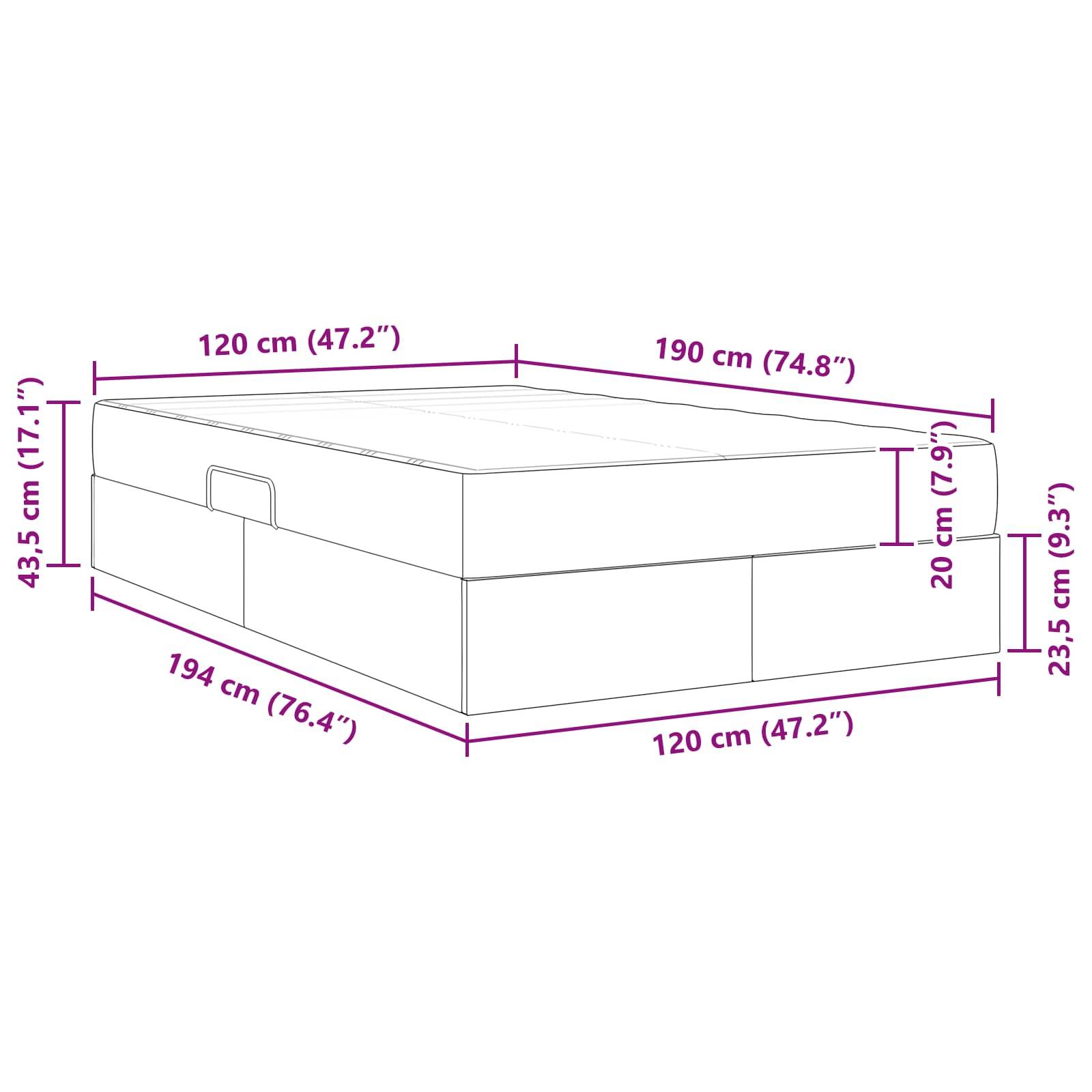 Diagramm eines Bettes mit Abmessungen: Höhe 43,5 cm, Breite 120 cm, Länge 194 cm. Mattressenhöhe beträgt 20 cm, zusätzliche Basisdimensionen dargestellt.