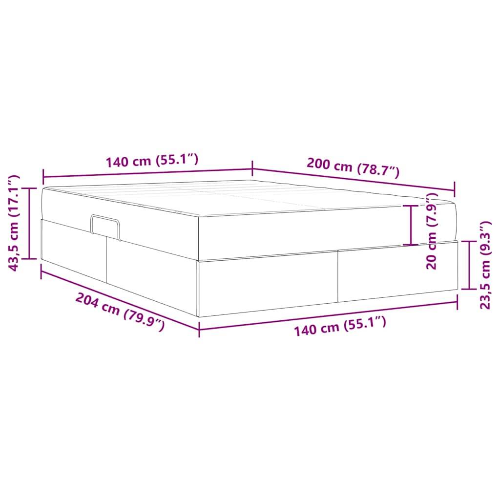 Diagramm eines Matratzenmodells mit Stauraum. Abmessungen: Breite 140 cm (55,1"), Länge 200 cm (78,7""), Höhe 43,5 cm (17,1""). Stauraum-Höhe: 20 cm (7,9"").