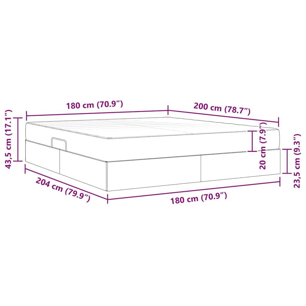 Darstellung eines Bettes mit Maßen: Länge 204 cm (79,9"), Breitenoptionen 180 cm (70,9"") oder 200 cm (78,7""), Höhe 43,5 cm (17,1"").