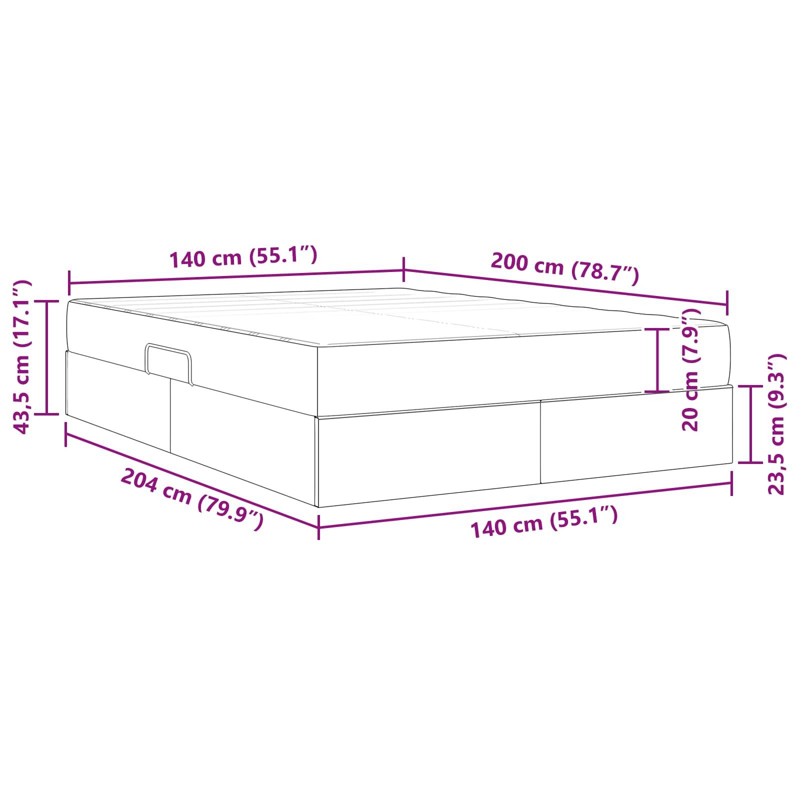 Eine Skizze eines rechteckigen Bettes mit Fächern. Abmessungen sind beschriftet: 204 cm lang, 140 cm breit, 43,5 cm hoch inklusive einer 20 cm dicken Matratze.