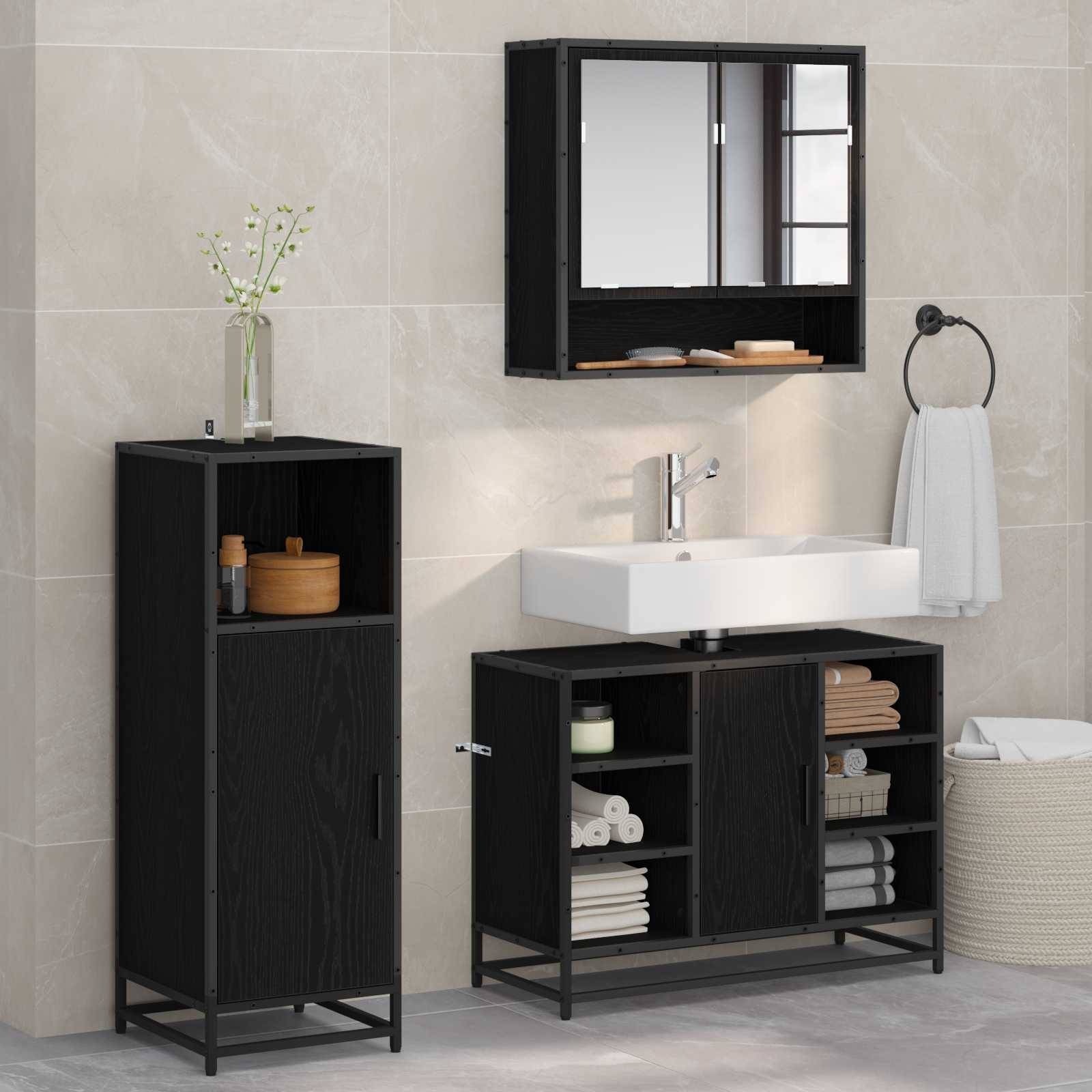 vidaXL Badezimmermöbel-Set 3 pcs Schwarz Eichen-Optik Holzwerkstoff
