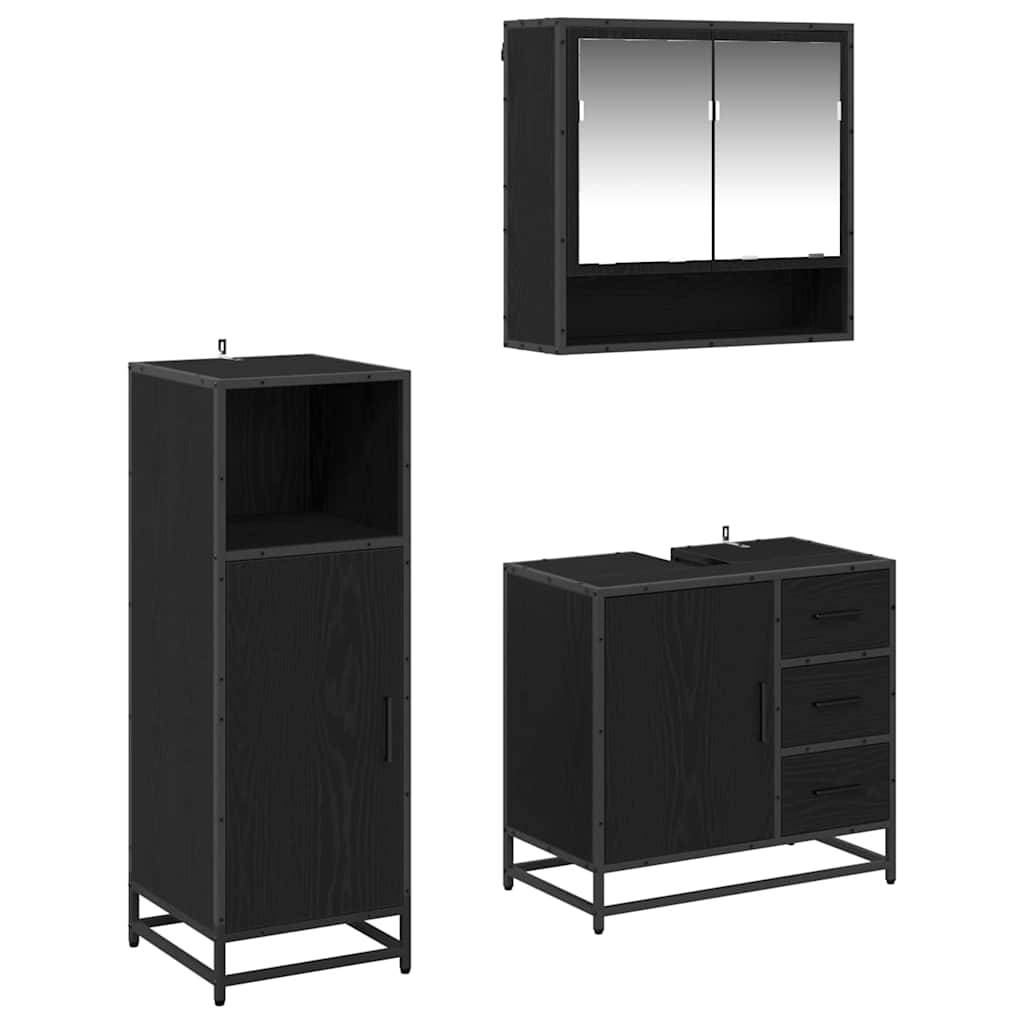 Ein modernes schwarzes Badmöbel-Set, bestehend aus einem hohen Schrank, einem Waschtisch mit Schubladen und einem Spiegelschrank mit offenem Regal.