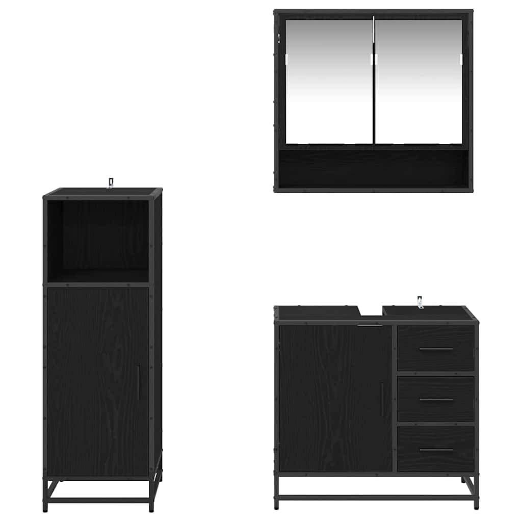 Ein schwarzes Badmöbel-Set, bestehend aus einem hohen Schrank mit offenen und geschlossenen Stauraummöglichkeiten, einem Spiegelschrank für die Wand und einem Waschtisch mit Schubladen.