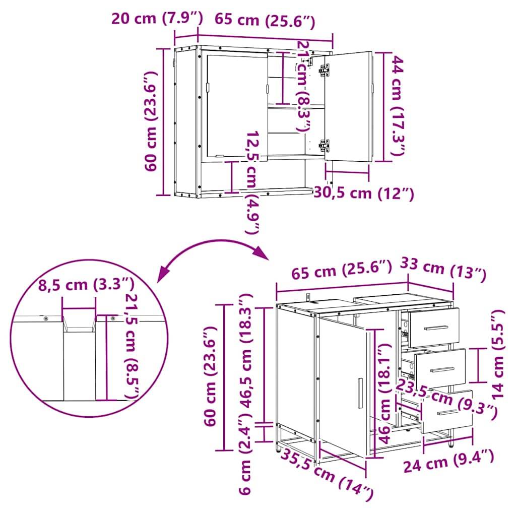 Schematische Darstellung eines Schranks mit Maßangaben. Oberer Schrank: 65 cm Breite, 60 cm Höhe. Unterer Schrank: 65 cm Breite, 60 cm Höhe, inklusive Schubladen.
