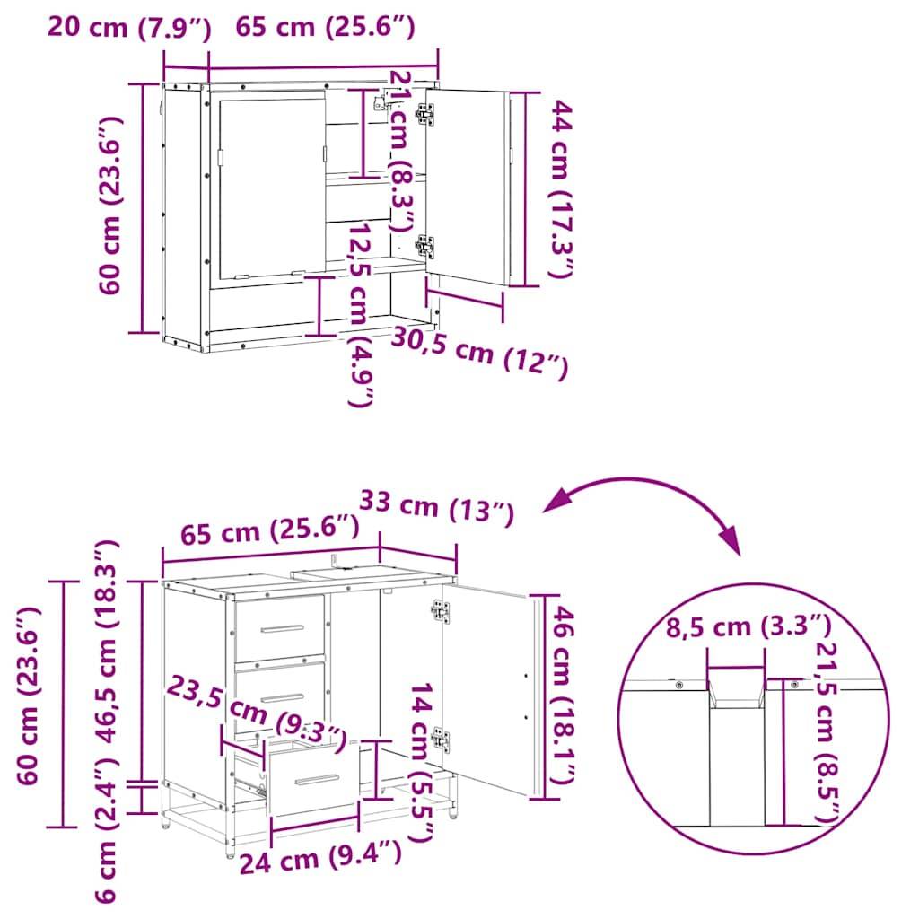 vidaXL Badezimmermöbel-Set 3 Stk. Artisan-Eiche 35 x 37,5 x 166 cm
