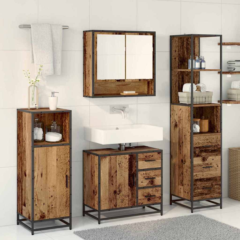 Ein modernes Badezimmer präsentiert ein rustikales Holzmöbelset, bestehend aus einem Schrank, Regalen und einem Waschbecken, das sich von weißen Fliesen abhebt.