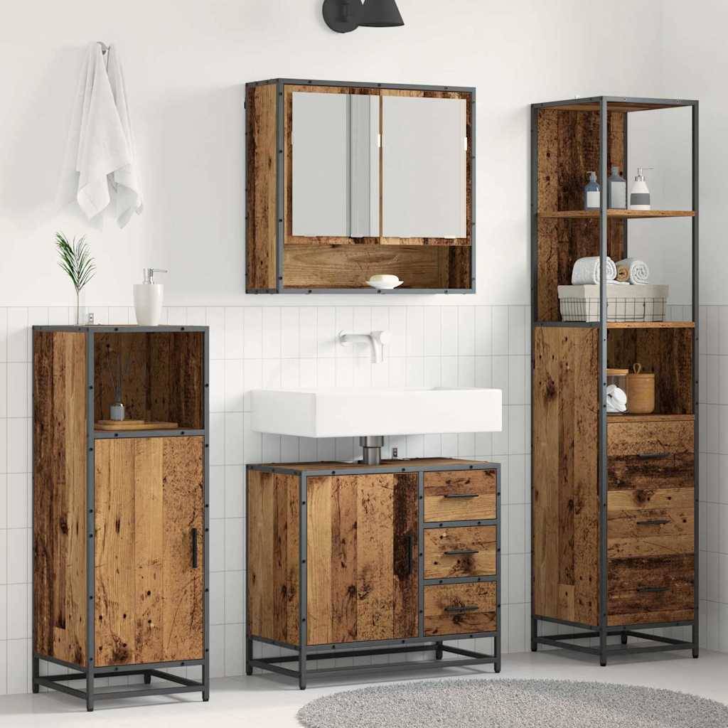 Ein modernes Badezimmer-Ensemble mit rustikalen Holzschränken und Spiegel, weißem Waschbecken, schwarzen Metallrahmen und weißen Fliesen an den Wänden, das einen zeitgenössischen Look kreiert.