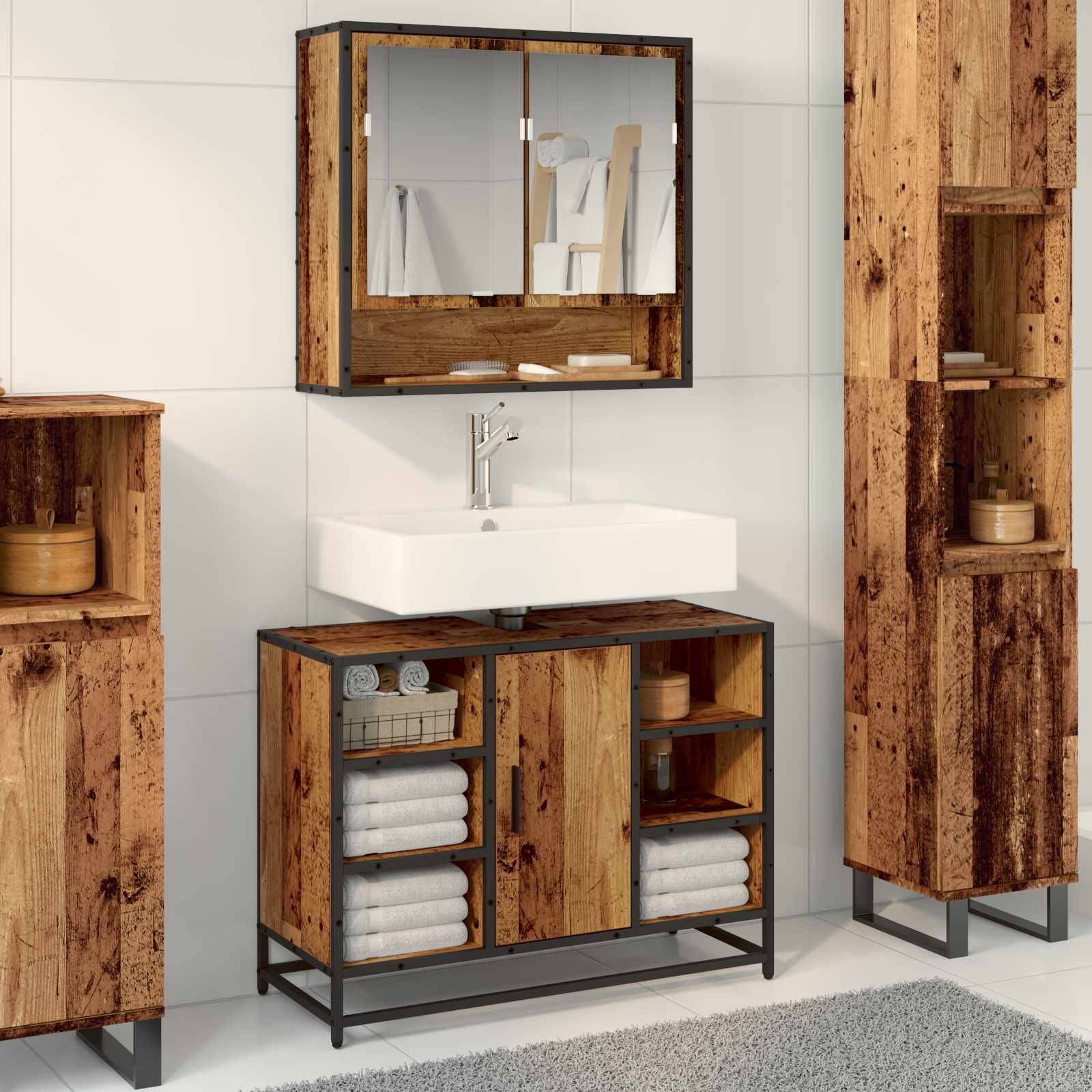 vidaXL Badezimmerschrank mit Tür Altholz 80 x 33 x 60 cm Holzwerkstoff