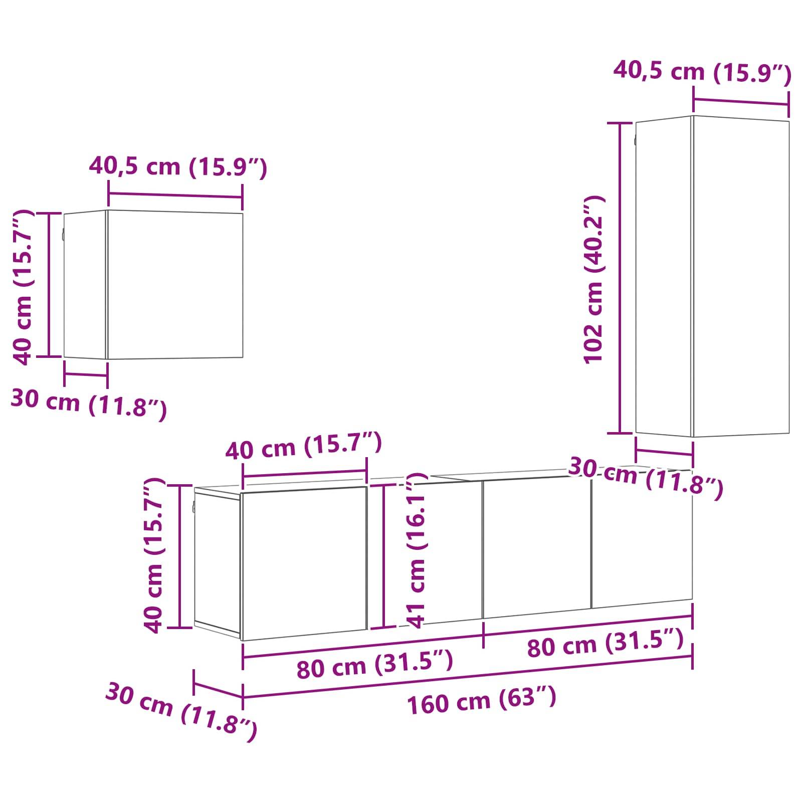 Drei Schrankelemente mit Abmessungen in Zentimetern und Zoll werden gezeigt: 40x30x40,5, 40x40,5x41 und 40,5x30x102. Messungen sind beschriftet.