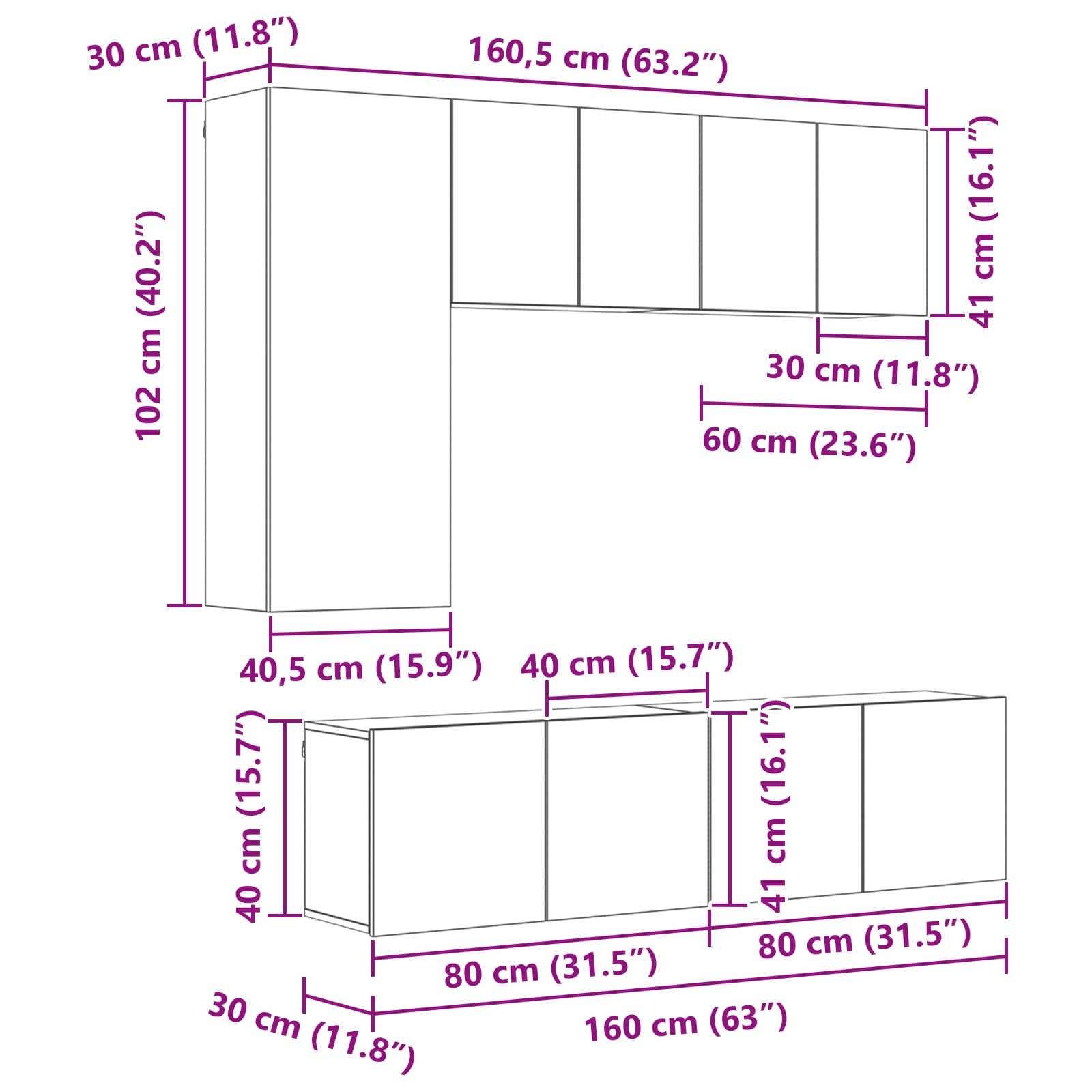 vidaXL TV-Wandmöbel Wandmontiert 5 pcs Altholz Holzwerkstoff