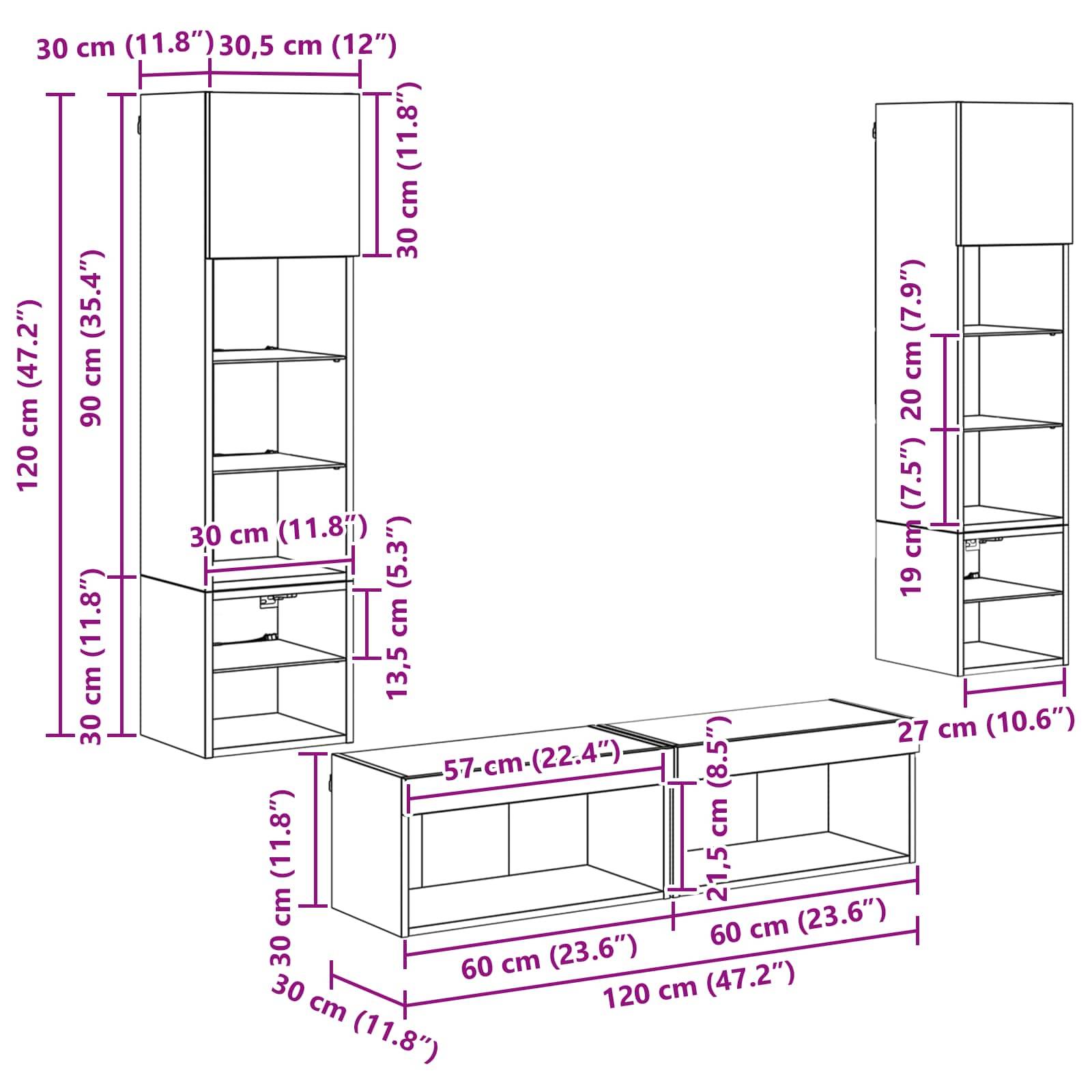 Montageschema eines modularen Regalsystems. Beinhaltet vertikale und horizontale Einheiten mit beschrifteten Abmessungen in Zentimetern und Zoll.