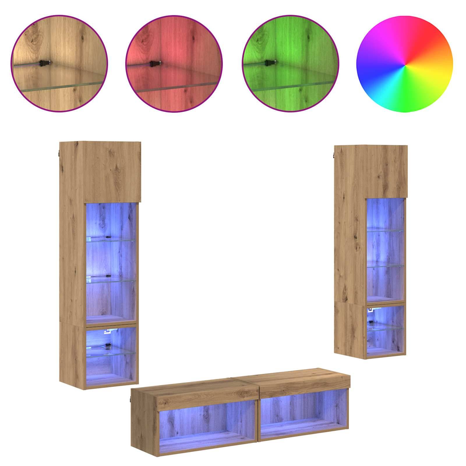 Hohe Holzschränke und eine niedrige Einheit verfügen über Glassektionen mit farbigen Beleuchtungsoptionen: Rot, Grün und Blau. Ein Farbrad ist zu sehen.