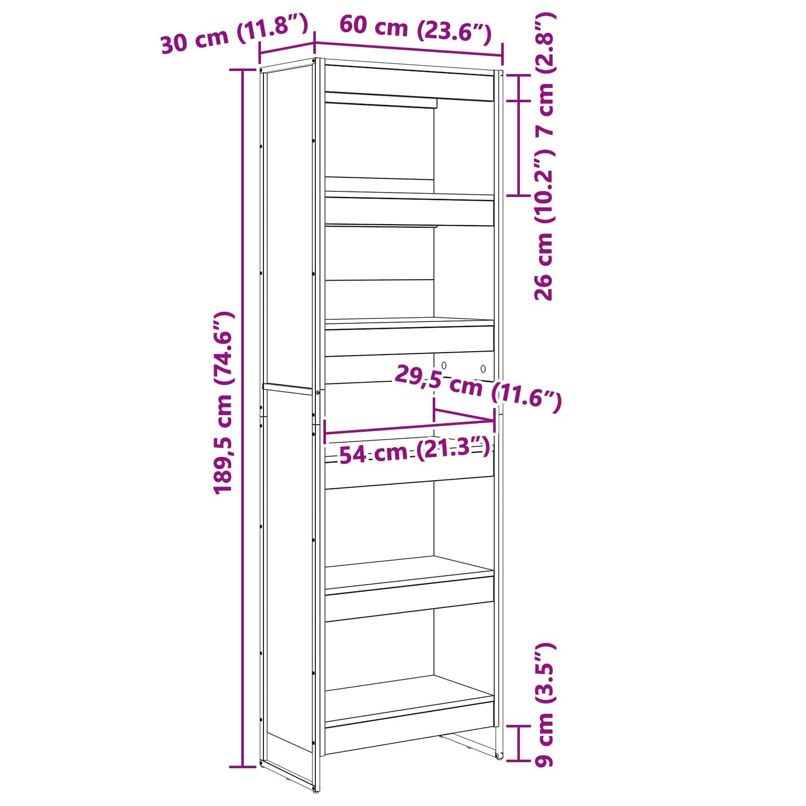 Hoher Bücherregal mit Maßen: Höhe 189,5 cm, Breite 60 cm, Tiefe 30 cm. Erste Ablage 26 cm, Schublade 29,5 cm, unterer Bereich 54 cm hoch.
