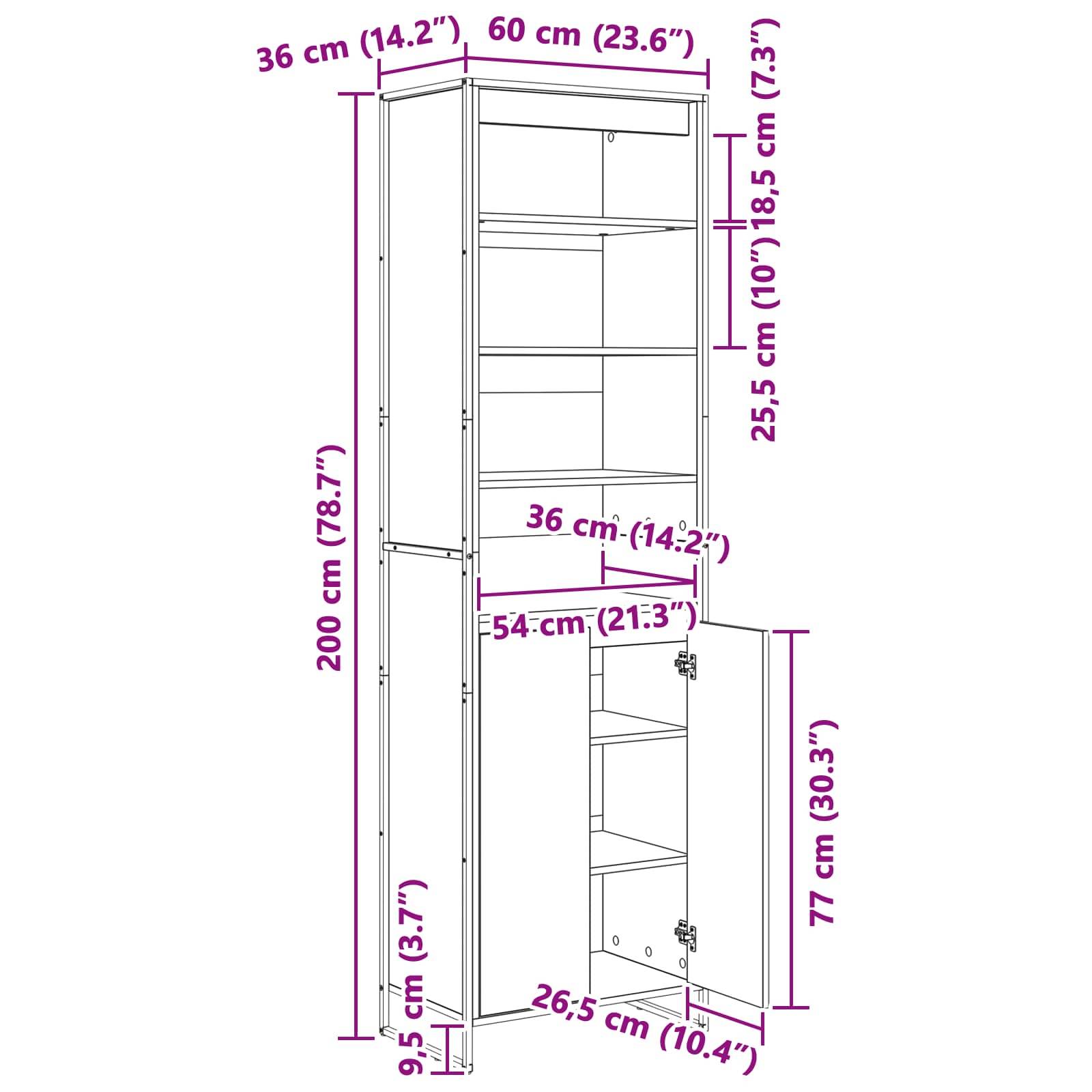 Eine Linienzeichnung eines hohen, schmalen Schranks mit offenen und geschlossenen Abschnitten. Die Maße sind sowohl in Zentimetern als auch in Zoll beschriftet.