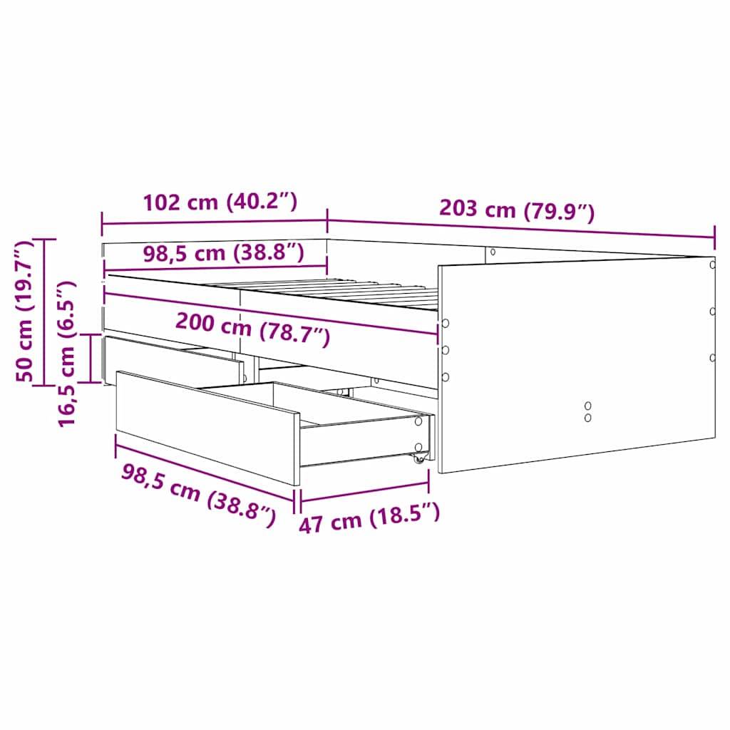 Diagramm eines Bettes mit Aufbewahrungsschubladen. Maße sind beschriftet: Länge 203 cm, Breite 102 cm, Höhe 50 cm. Schubladentiefe 47 cm.