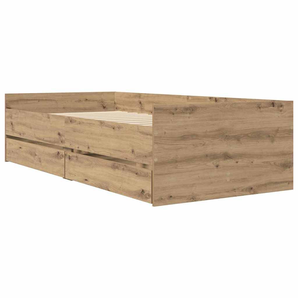 Holzbettrahmen mit Seitenschubladen, mit natürlicher Holzmaserung und minimalem Design.