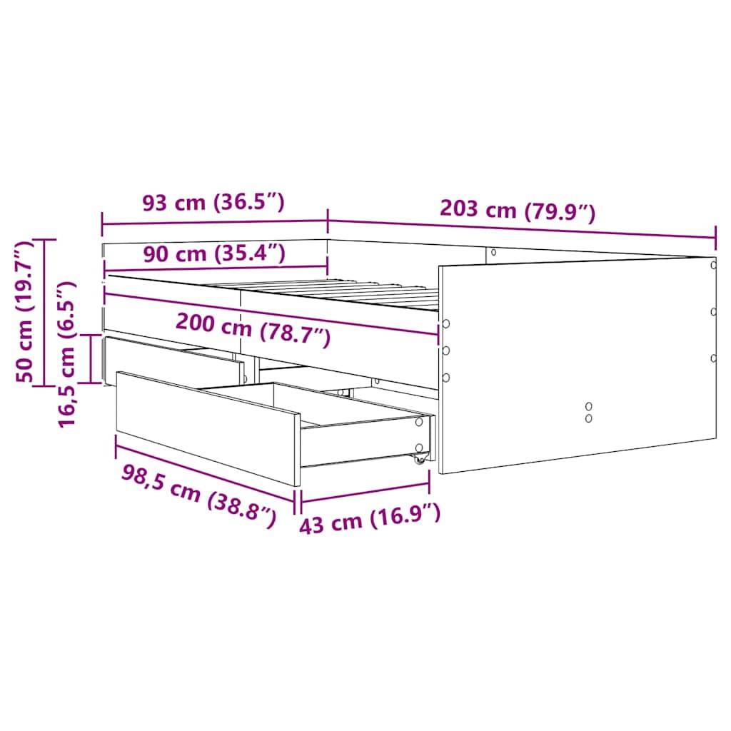 Darstellung eines Bettes mit Stauraum und folgenden Abmessungen: 93 cm Höhe, 203 cm Länge, 98,5 cm Schubladementiefe.