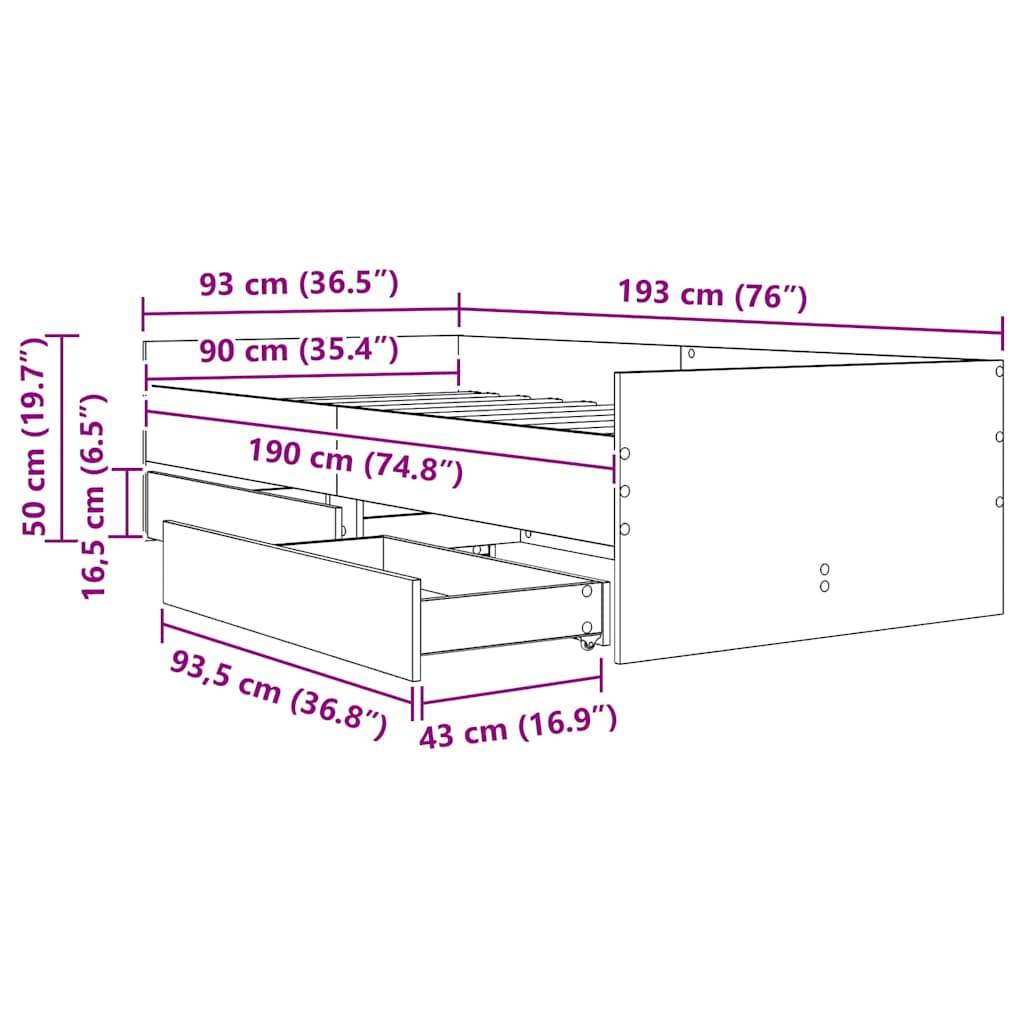 Bettrahmen-Diagramm mit Maßen: Länge 193 cm (76