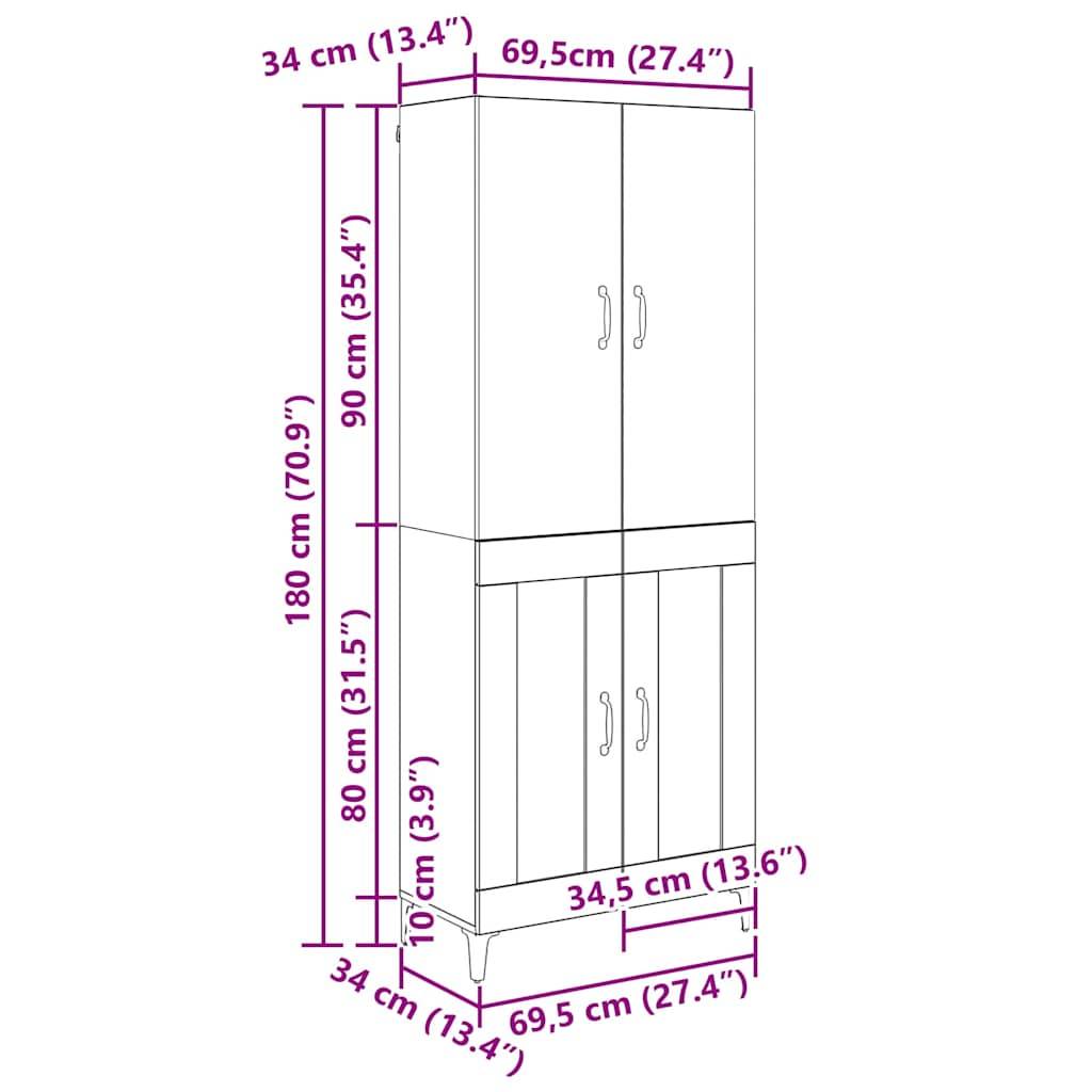 vidaXL Highboard Artisan-Eiche 69,5 x 34 x 180 cm Holzwerkstoff