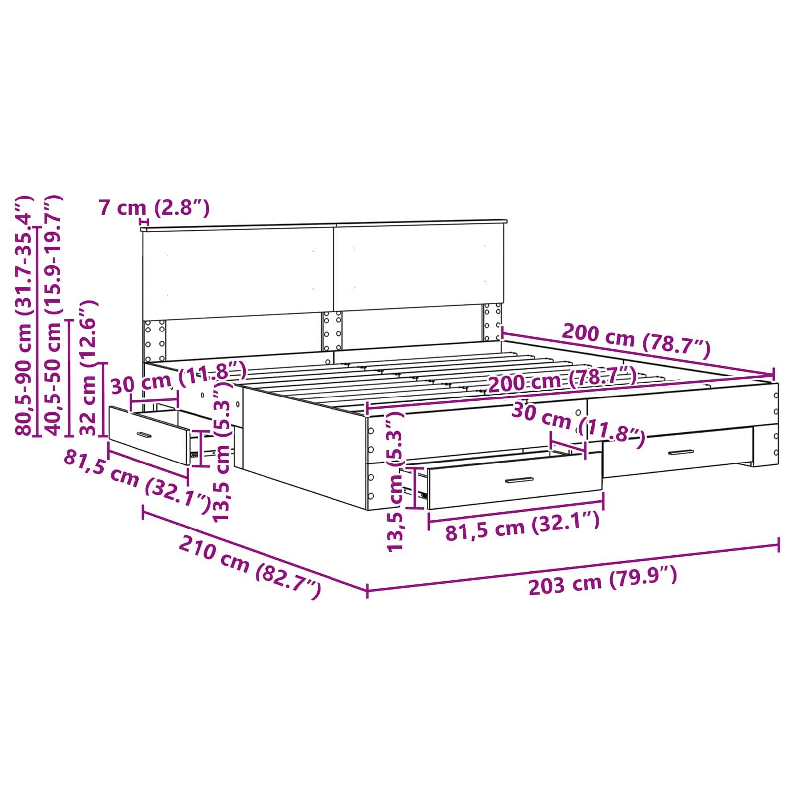 Diagramm eines Bettgestells mit Maßen: Breite 210 cm, Länge 203 cm, Höhe 80,5-90 cm. Inklusive Schubladen im Unterbau mit detaillierten Abmessungen.