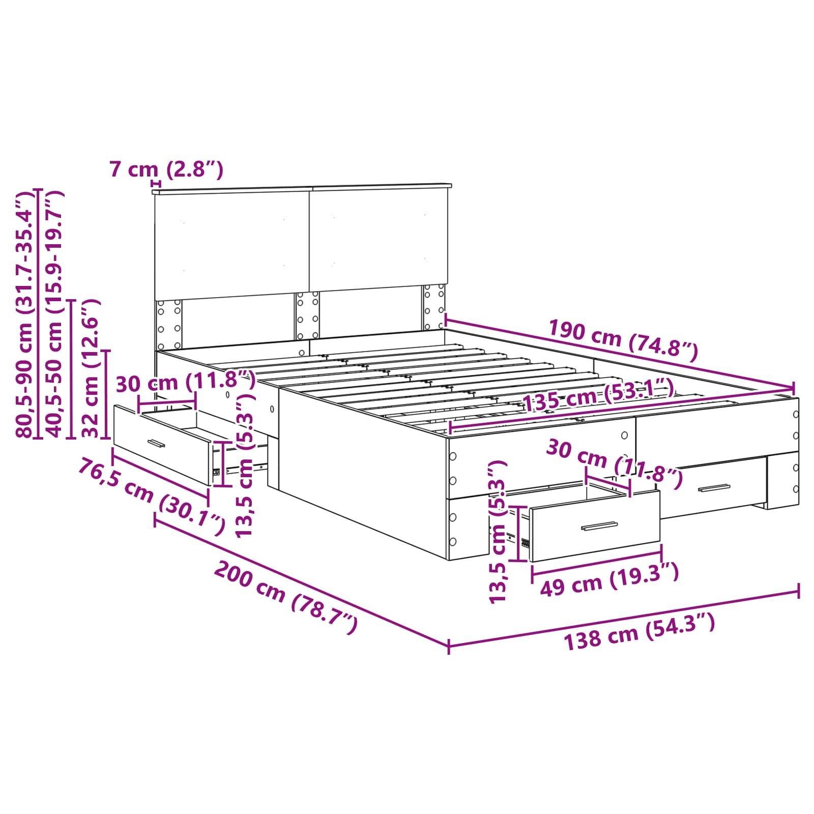 Schematische Darstellung eines Bettes mit zwei Schubladen darunter. Maße: Betthöhe 80-90 cm, Breite 138 cm, Länge 200 cm. Schubladenhöhe 13,5 cm, Breite 49 cm.