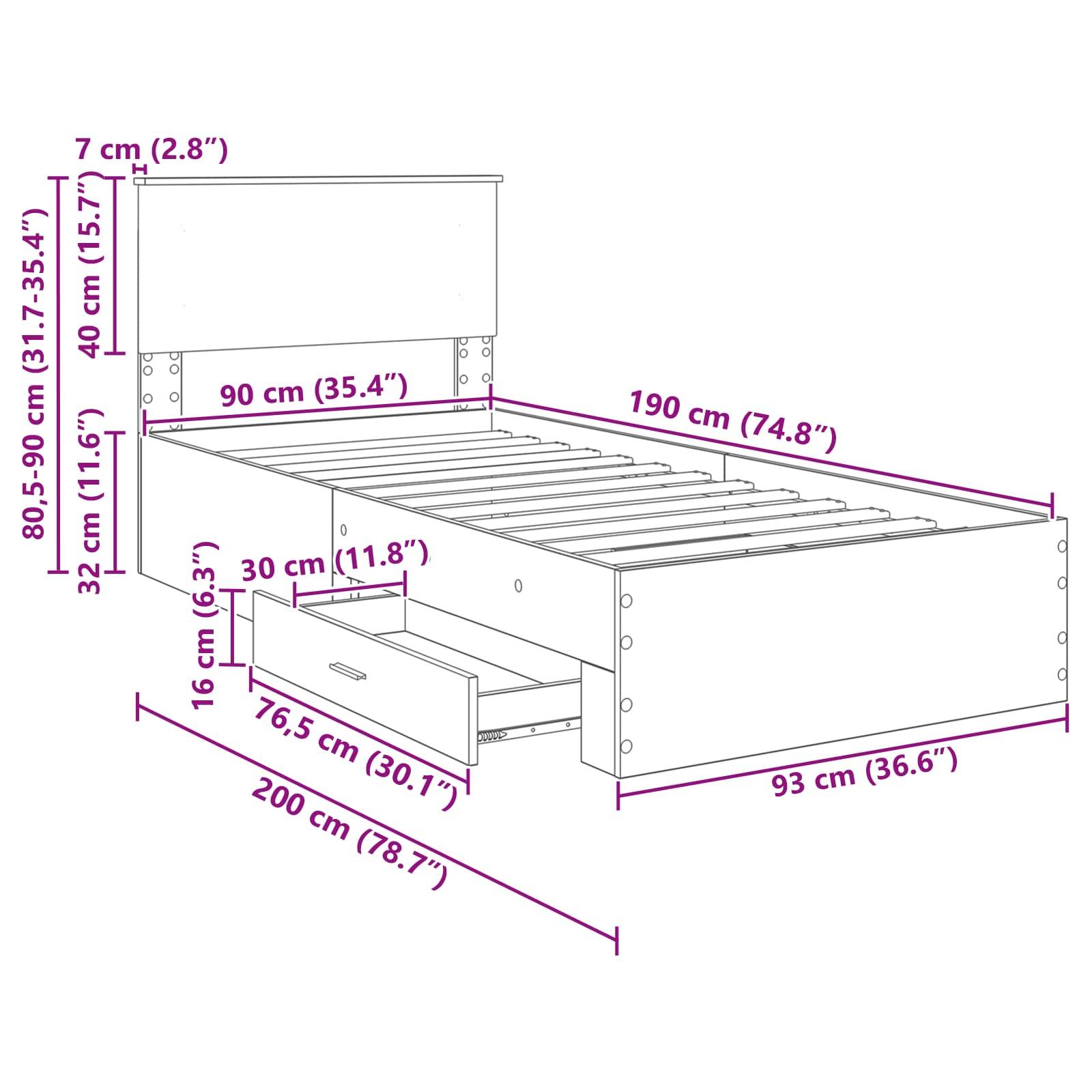 Linienzeichnung eines Bettes mit Maßangaben: 190 cm lang, 90 cm breit, Kopfteilhöhe 80,5-90 cm. Enthält Maße der Unterbettschublade.