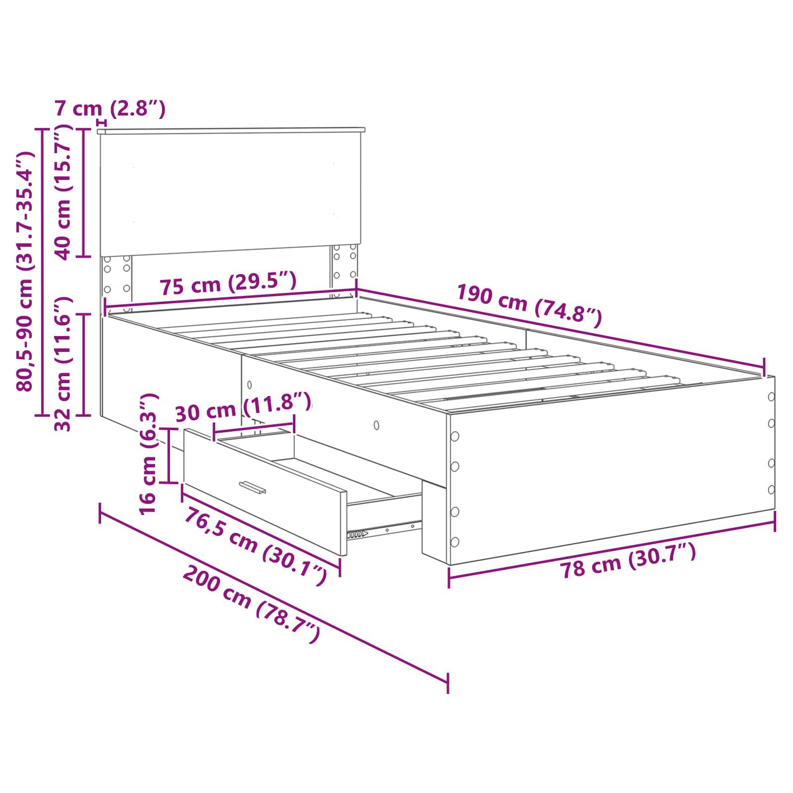 Bettdiagramm mit Maßen: 190 cm Länge, 75 cm Breite, Kopfteilhöhe 80,5-90 cm. Merkmale umfassen Staurageschubladen darunter.