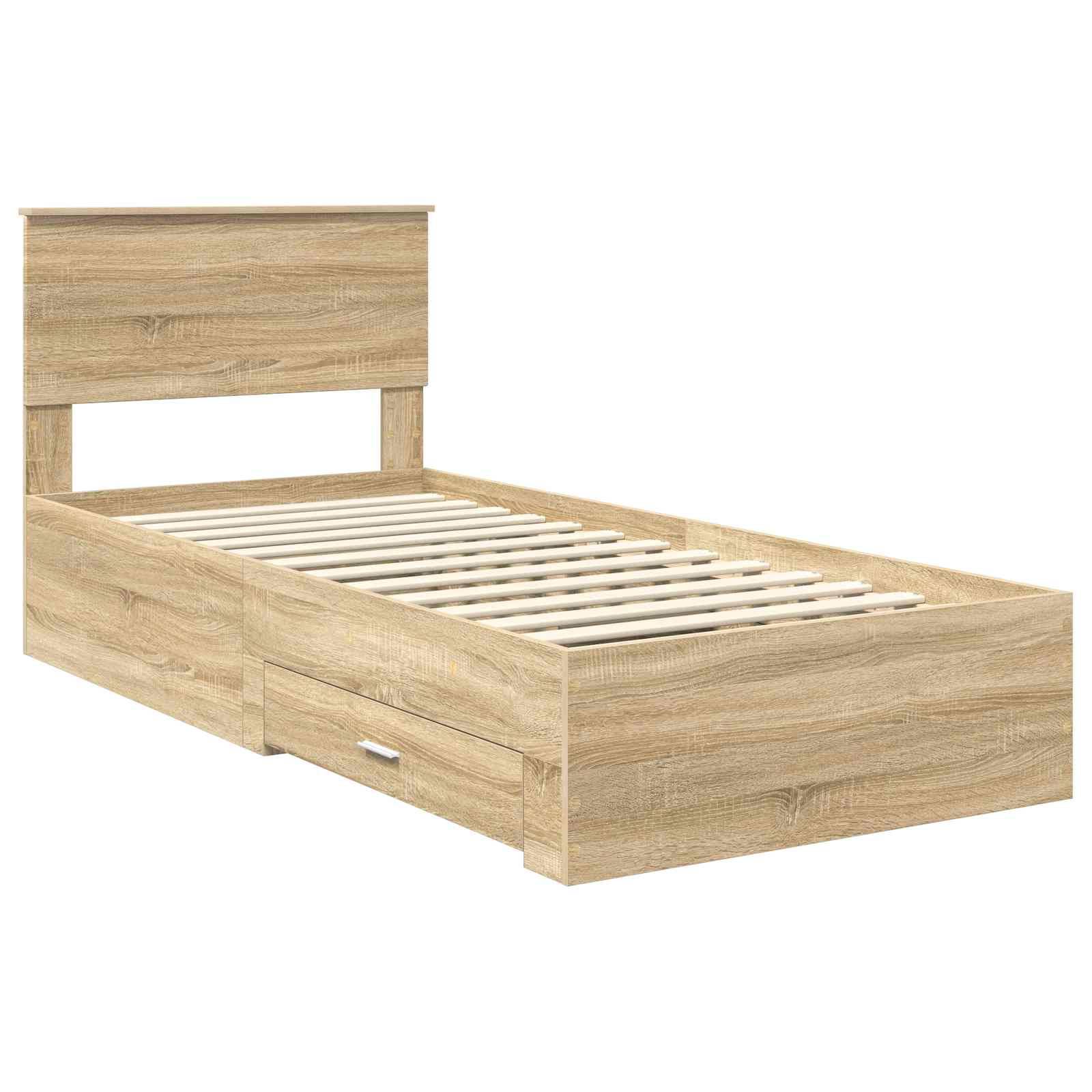 Ein Holzbettgestell mit Lattenrost und zwei integrierten Schubladen zur Aufbewahrung, das ein einfaches und praktisches Design präsentiert.