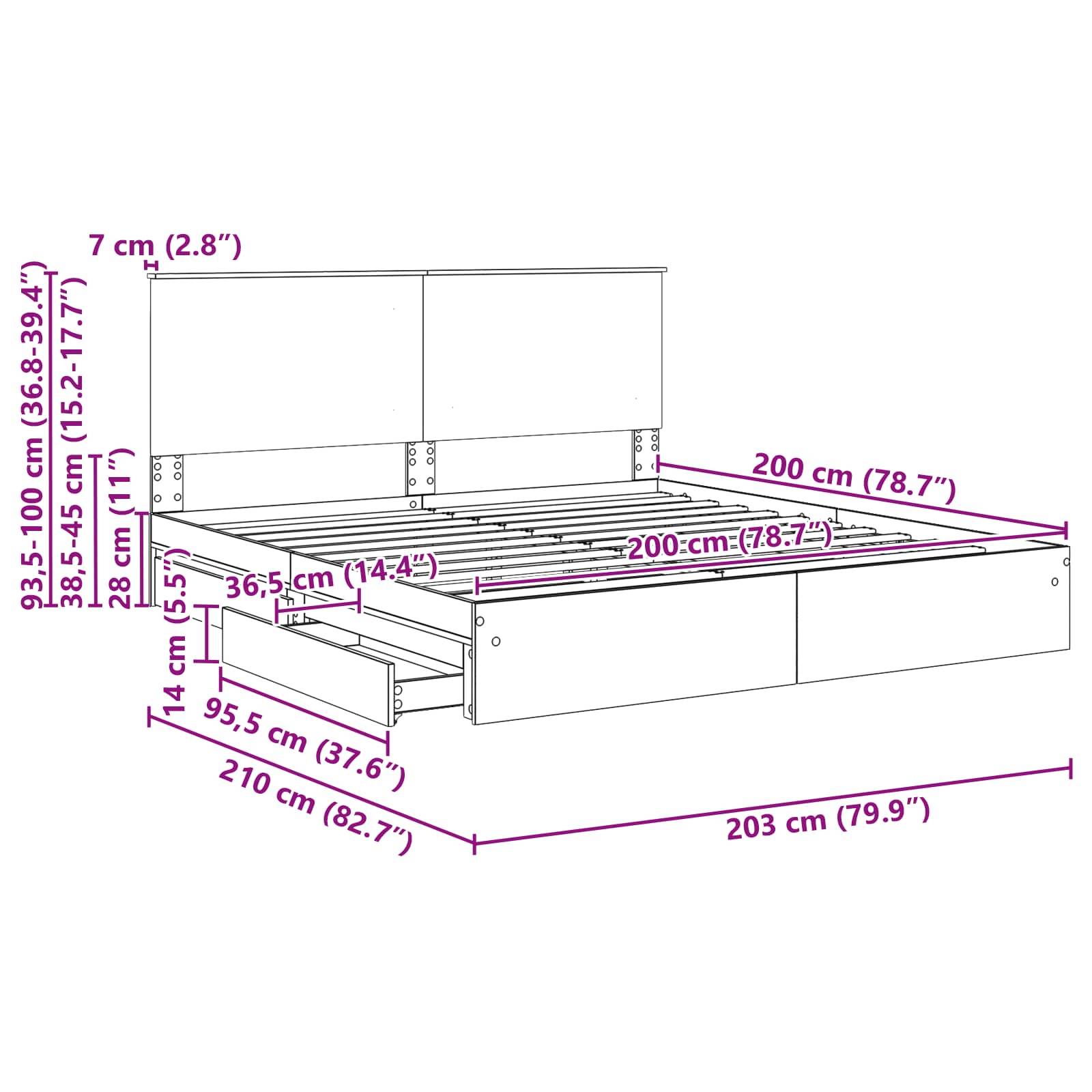 Ein Bettgestell mit Schubladen; Maße in cm und Zoll angegeben: Höhe 35-100 cm, Breite 210 cm, Tiefe 203 cm. Schubladen und Lattenrost sichtbar.