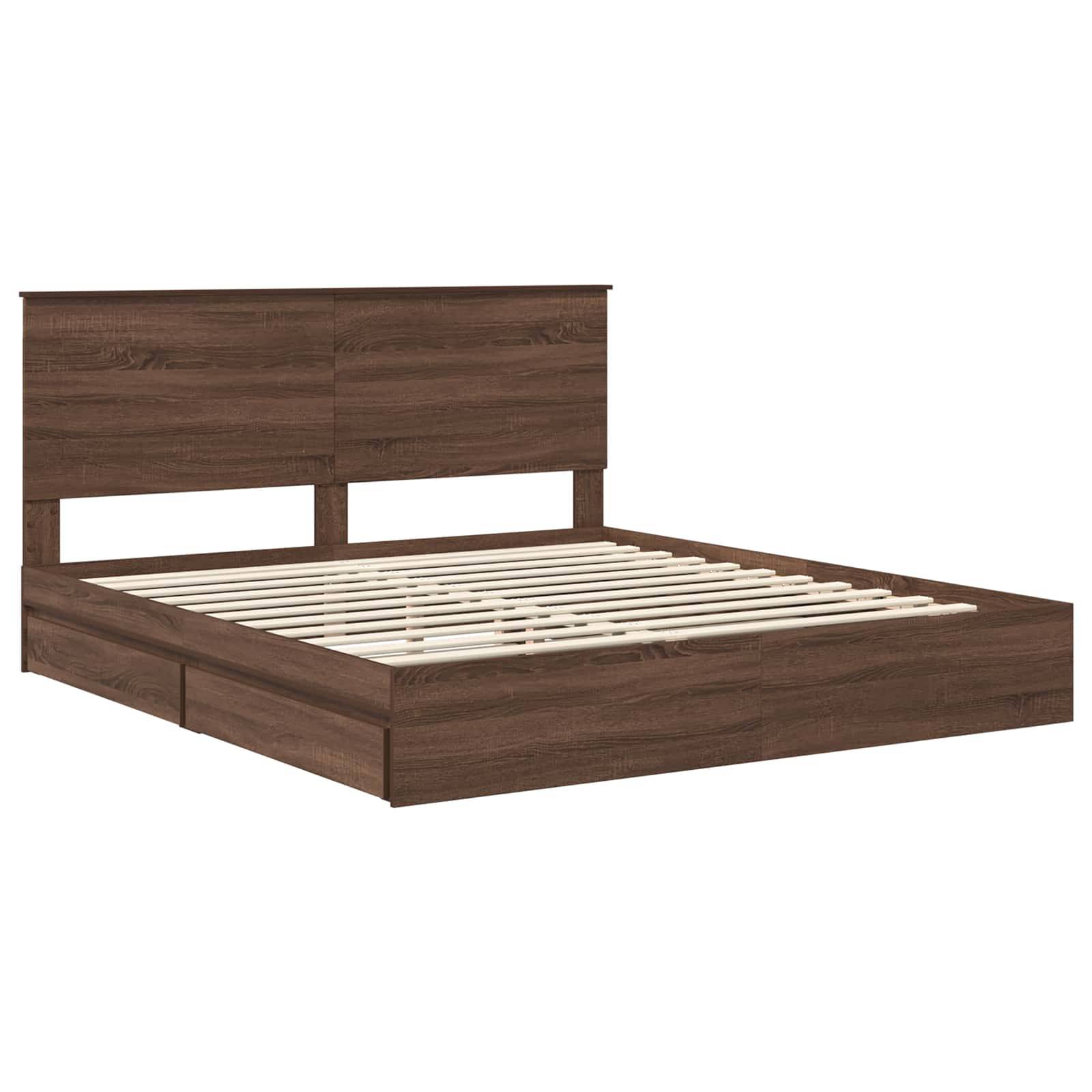 Ein Holzbettgestell mit minimalistischem Design, ausgestattet mit einem hohen Kopfteil und Unterbett-Schubladen zur Aufbewahrung.