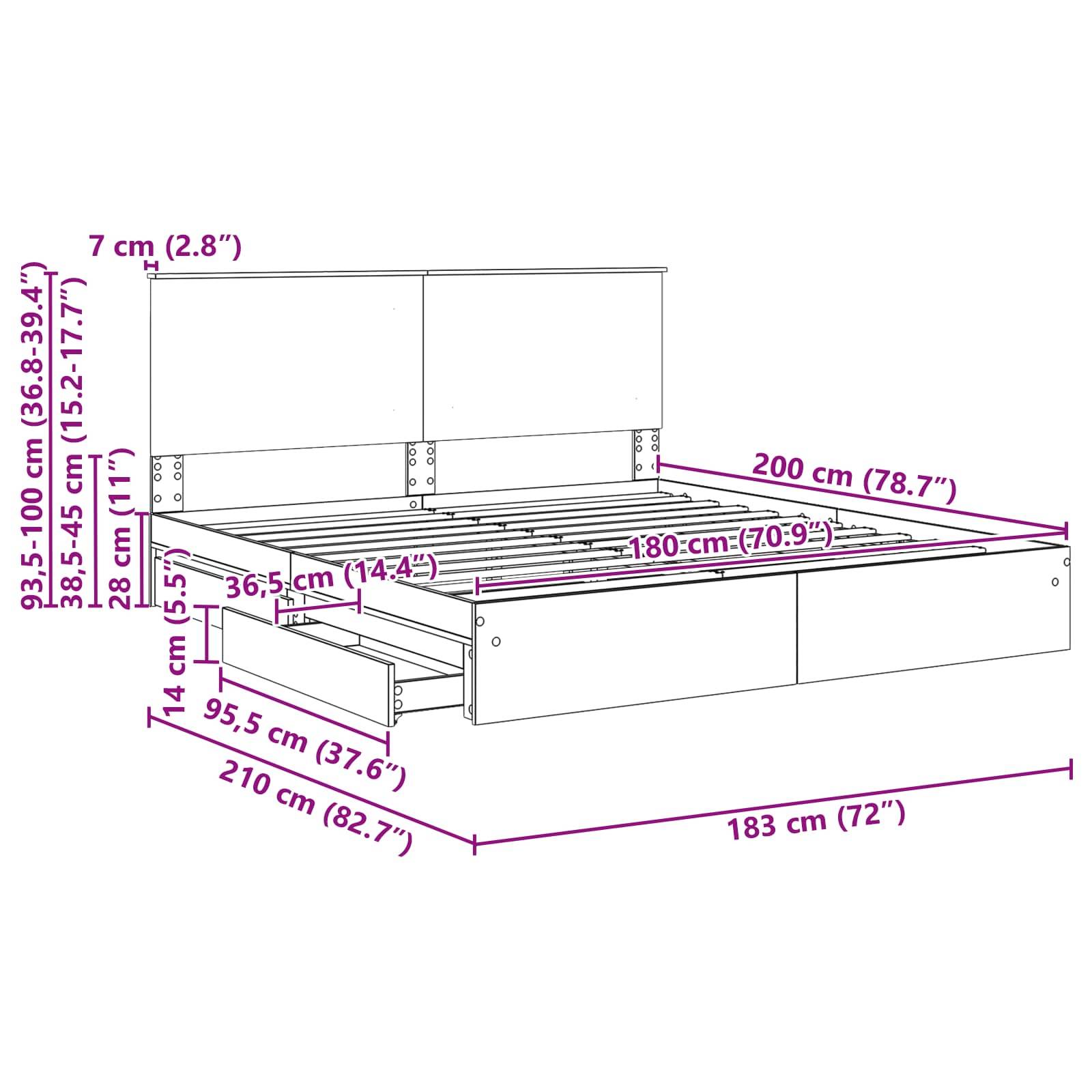 Bettrahmen-Diagramm mit Maßen: Länge 210 cm (82,7
