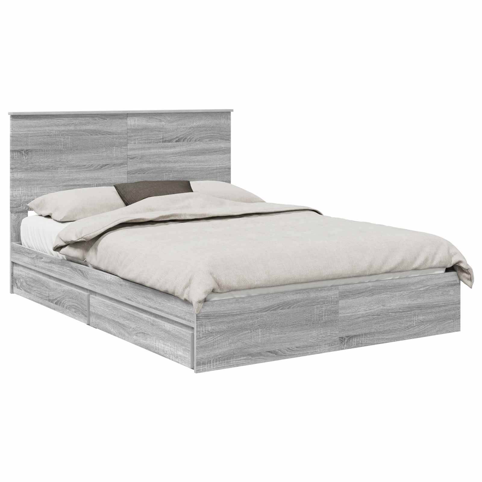 Ein modernes Bett mit einer grauen Holzoberfläche, ausgestattet mit einem hohen Kopfteil und beigefarbener Bettwäsche, das einen minimalistischen Schlafzimmerdesign andeutet.
