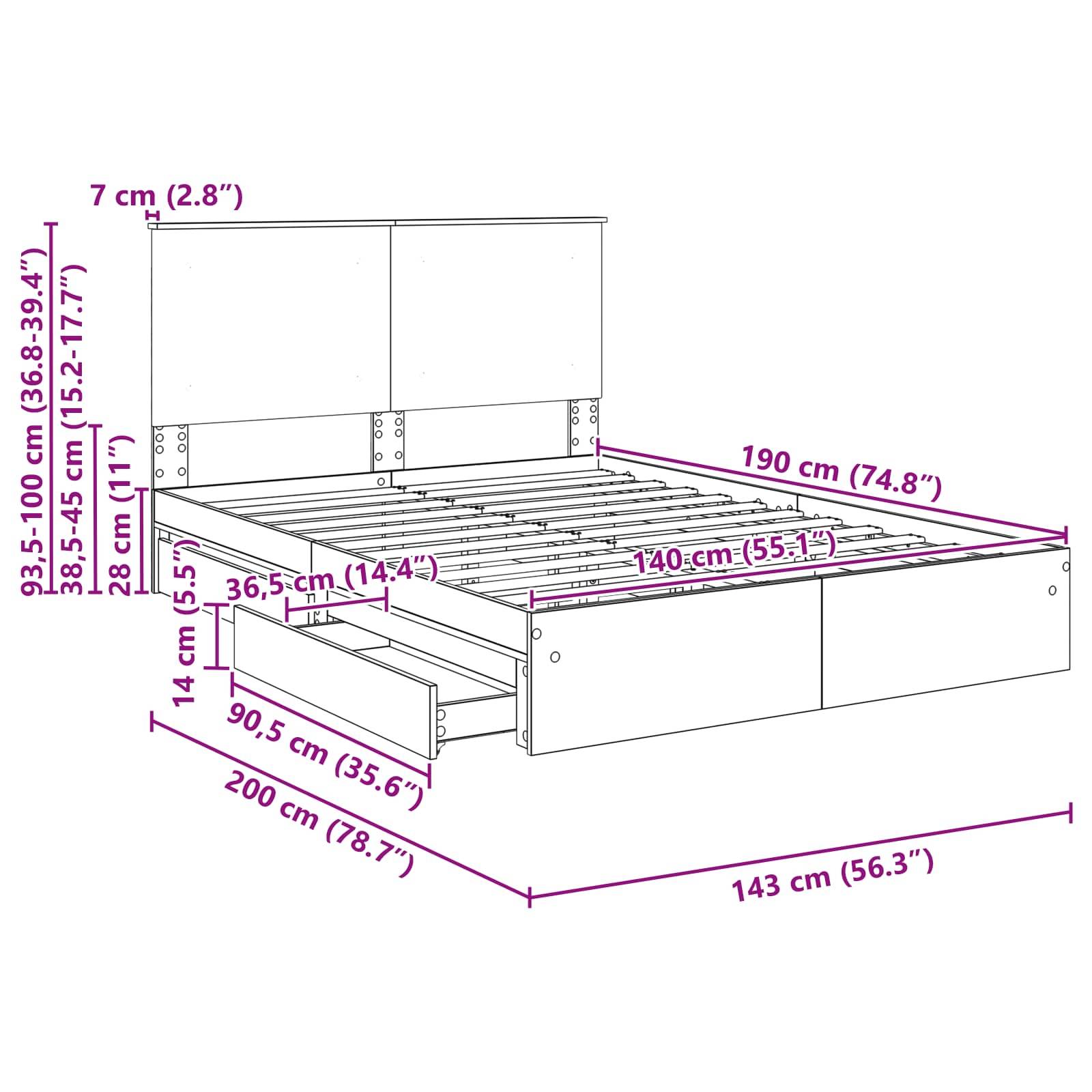 Bettmaße: Höhe 95-100 cm, Länge 200 cm, Breite 190 cm; beinhaltet Schubladenmessungen und Matratzenplatz von 140 cm Breite.