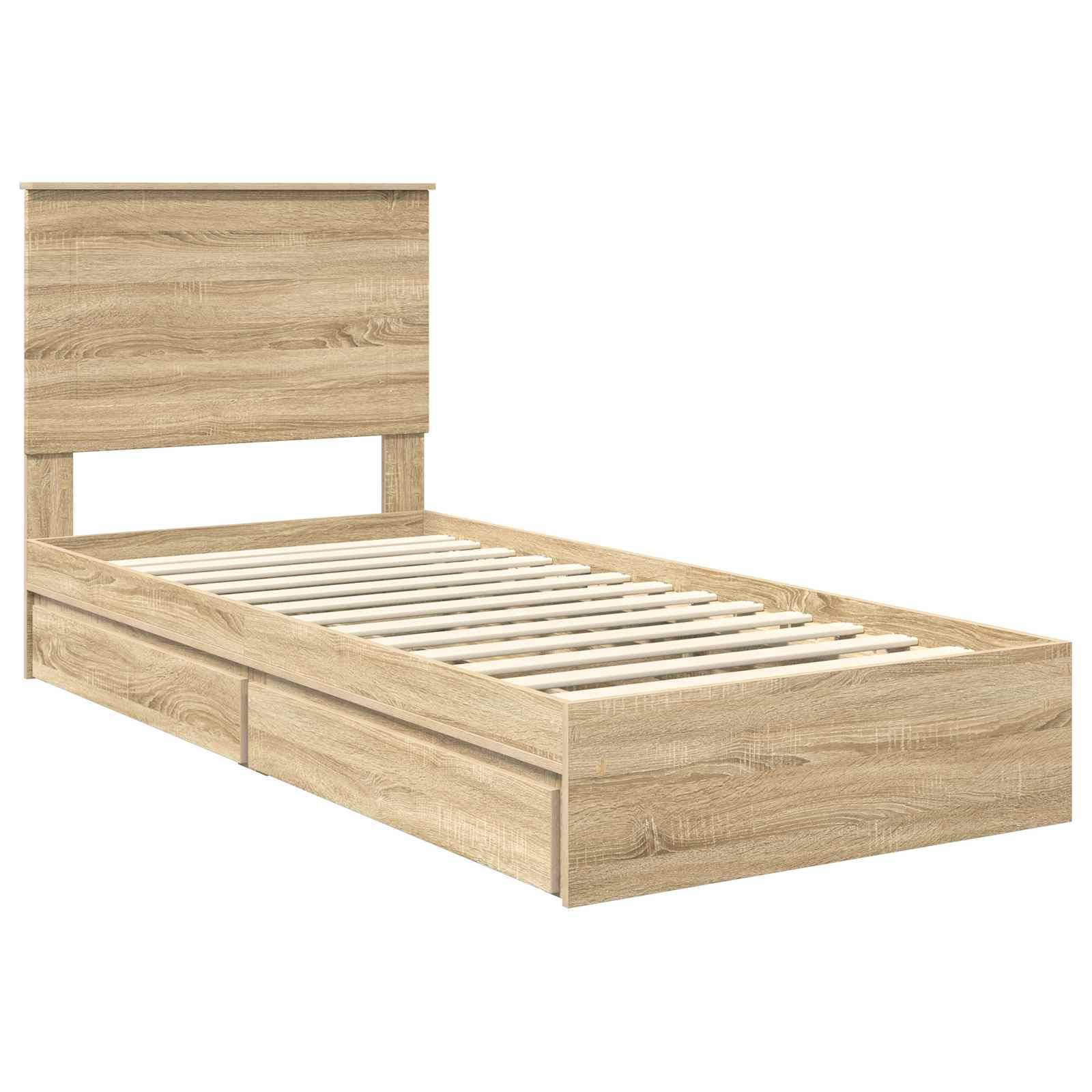 Ein Holzbettgestell mit Lattenrost und hohem Kopfteil, das zwei Staurageschubladen darunter aufweist, schräg präsentiert.