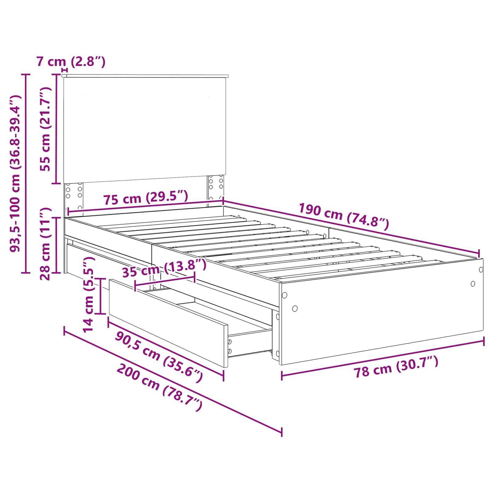 Eine Zeichnung eines Bettgestells mit Maßen: Höhe 93,5-100 cm, Breite 75 cm, Länge 190 cm, mit einer Schublade von 35 cm Breite und 14 cm Höhe.
