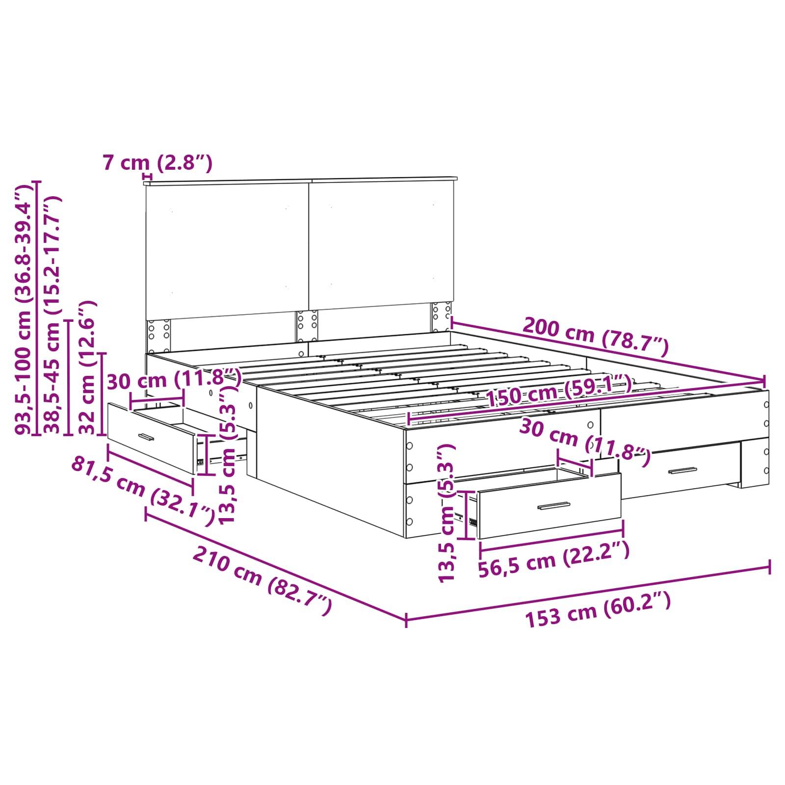Diagramm eines Bettgestells mit drei Schubladen darunter. Die Abmessungen sind in Zentimetern und Zoll beschriftet, wobei verschiedene Teile hervorgehoben werden.