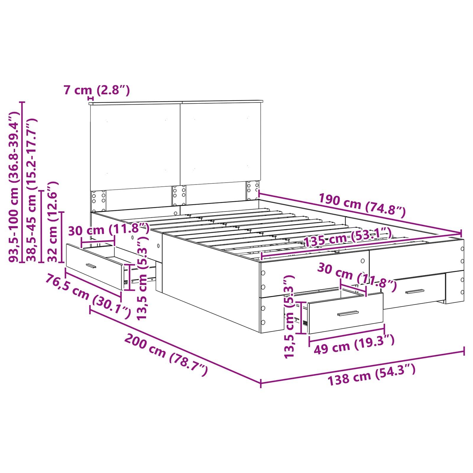Diagramm eines Bettes mit detaillierten Maßen: 200 cm Länge, 138 cm Breite. Beinhaltet Stauraum-Dimensionen und Matratzenmaße.